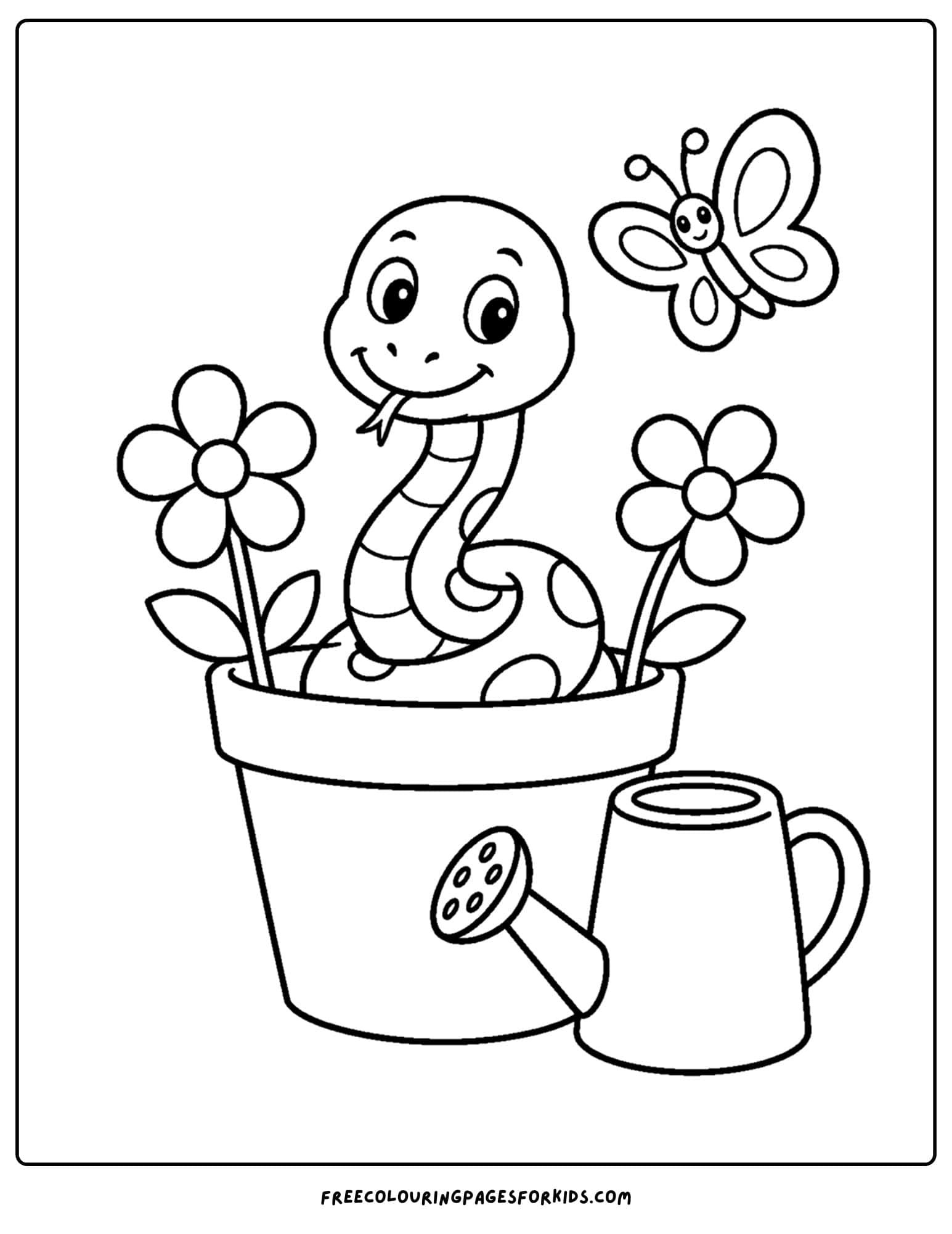 a coloring page of a snake in a flower pot