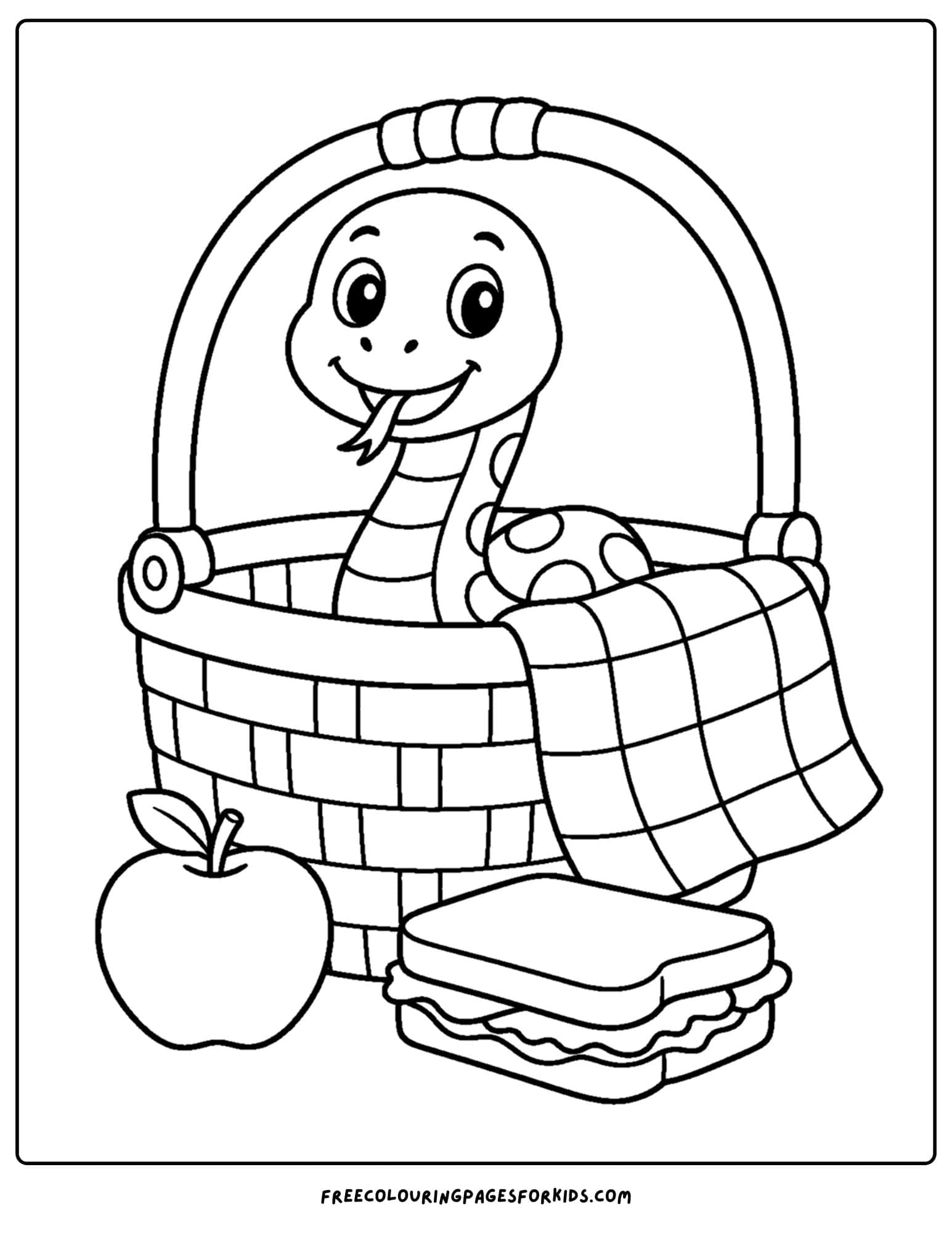 a coloring page of a snake in a picnic basket