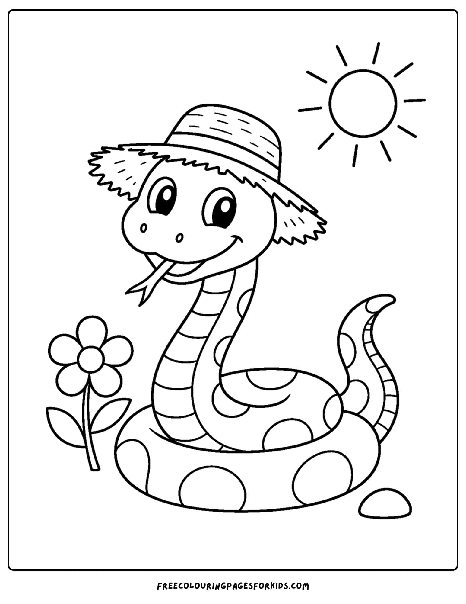 a coloring page of a snake wearing a straw hat