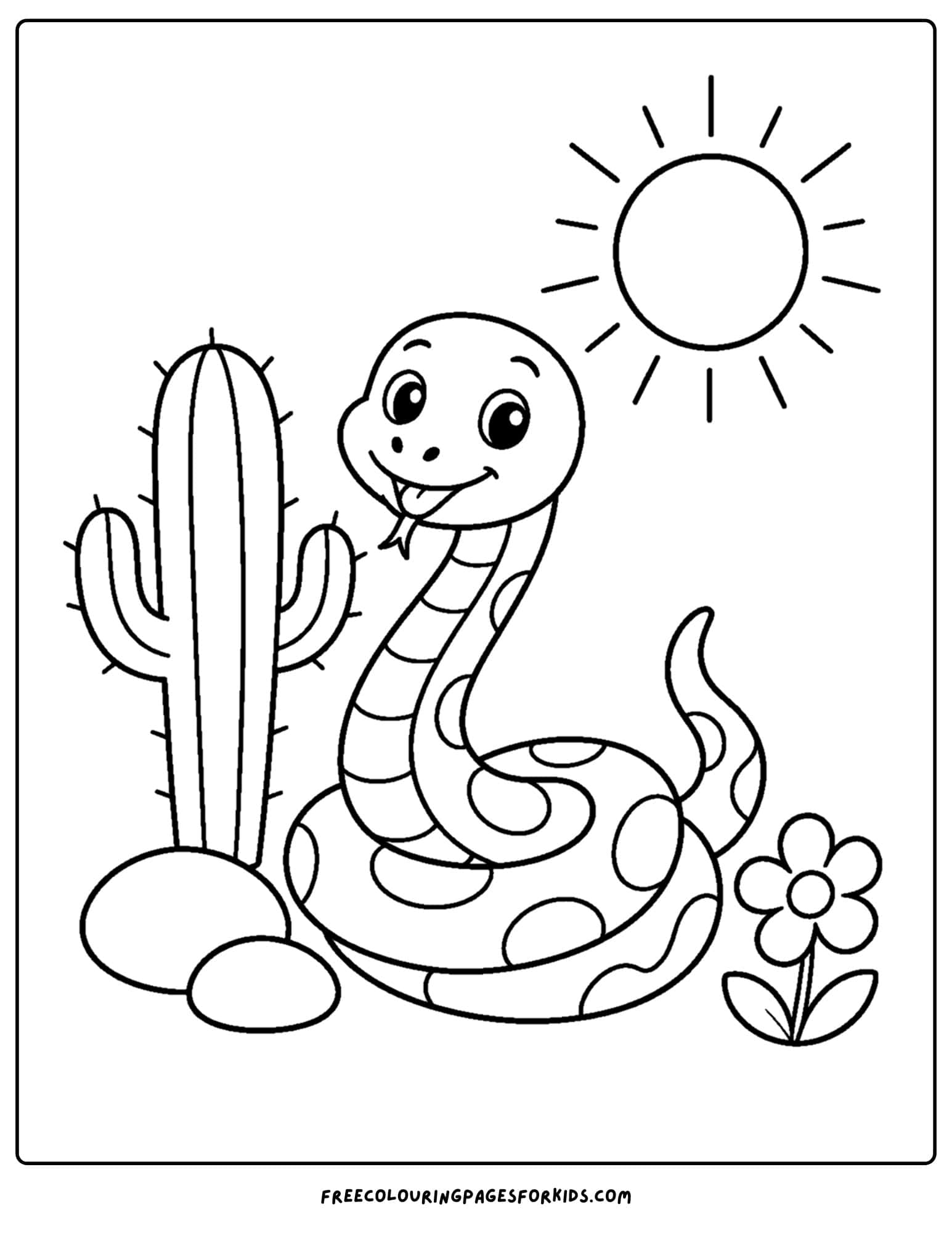 a coloring page of a snake next to a cactus