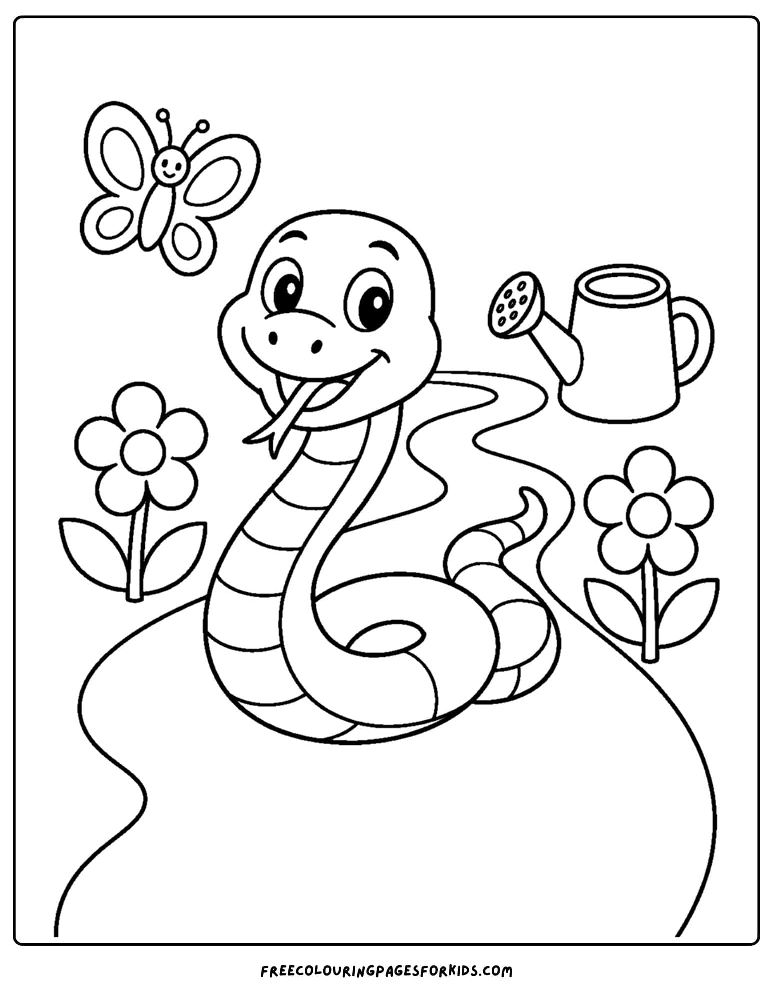 a coloring page of a snake on a garden path