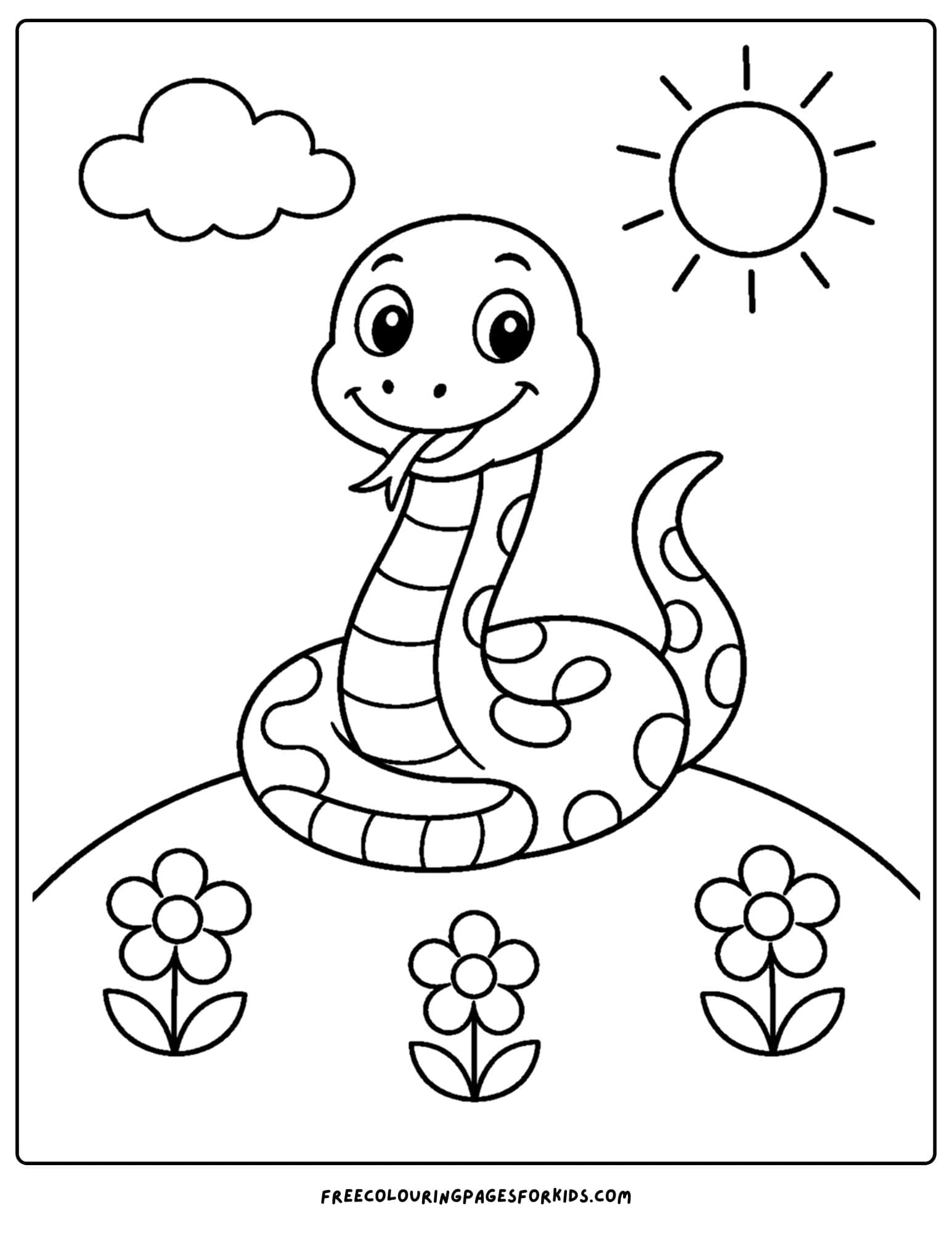 a coloring page of a snake resting on a hill