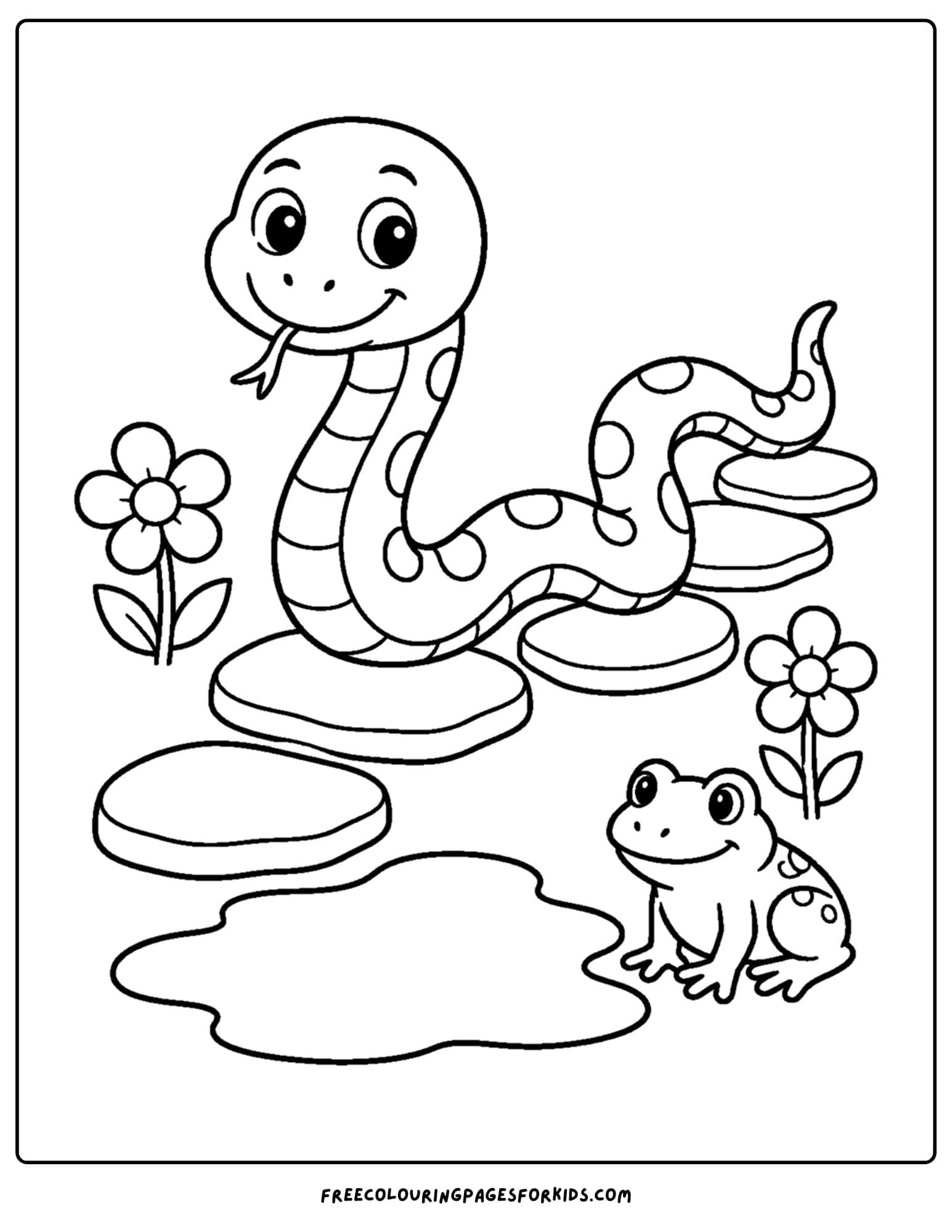 a coloring page of a snake slithering over stepping stones