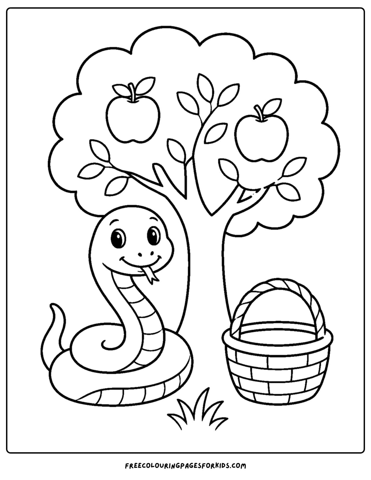 a coloring page of a snake under an apple tree