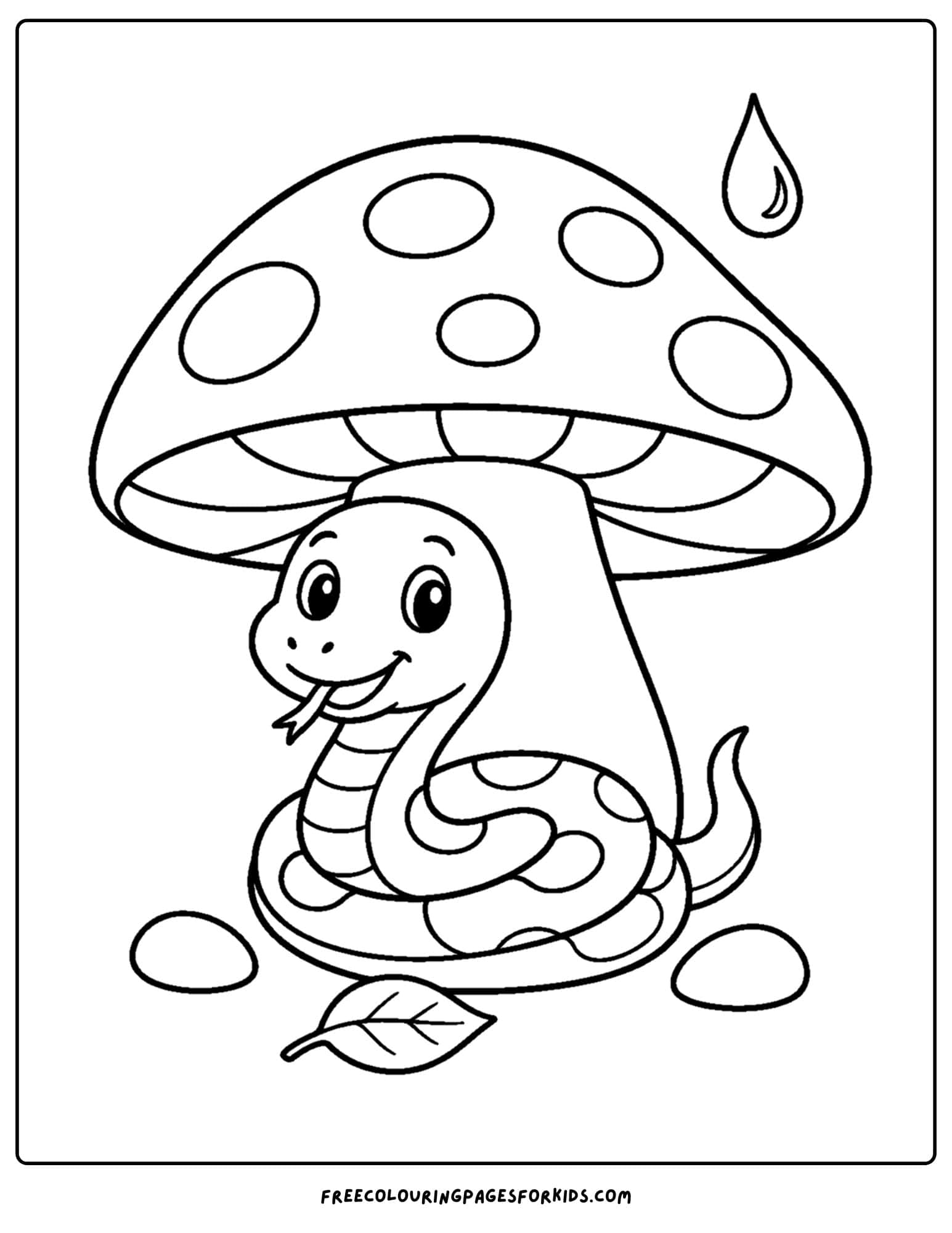 a coloring page of a snake under a big mushroom