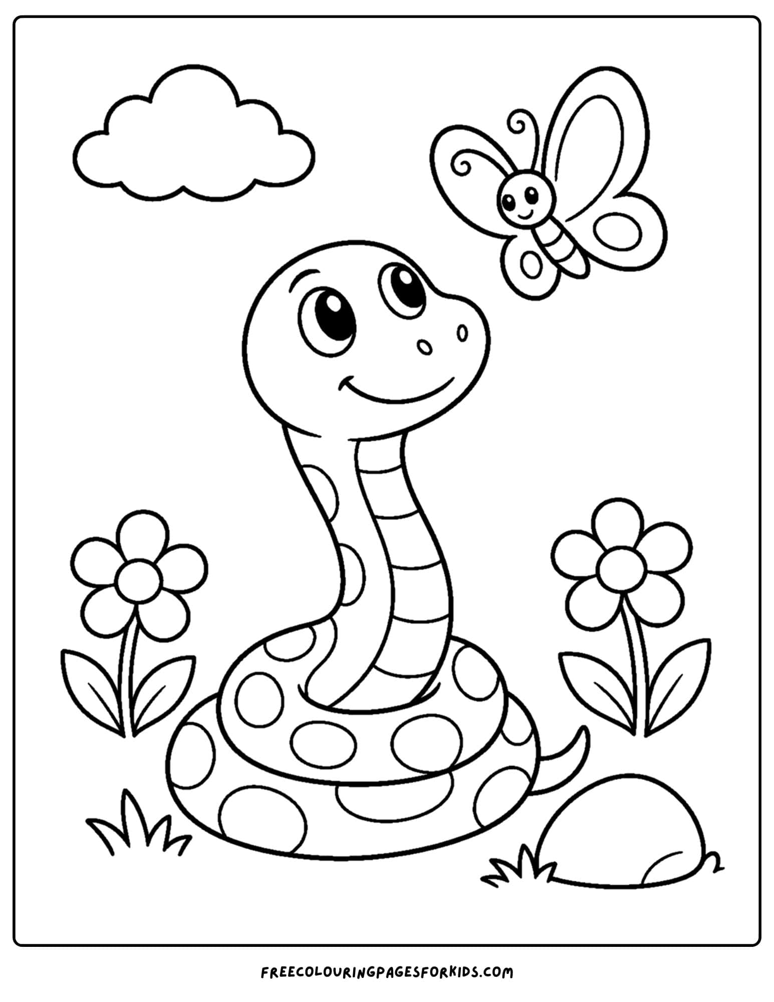a coloring page of a snake with a butterfly