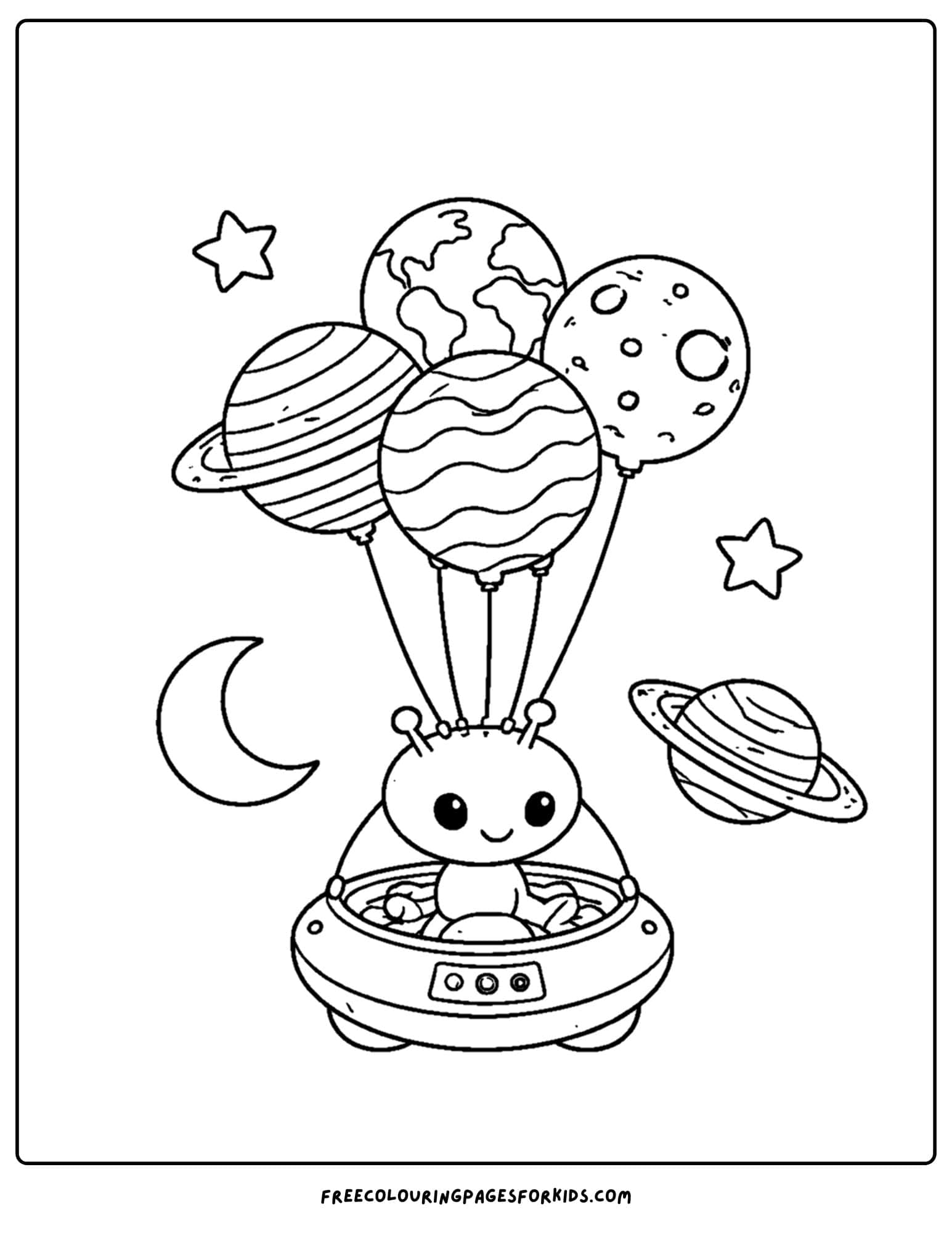 a coloring page of a space alien floating with balloons