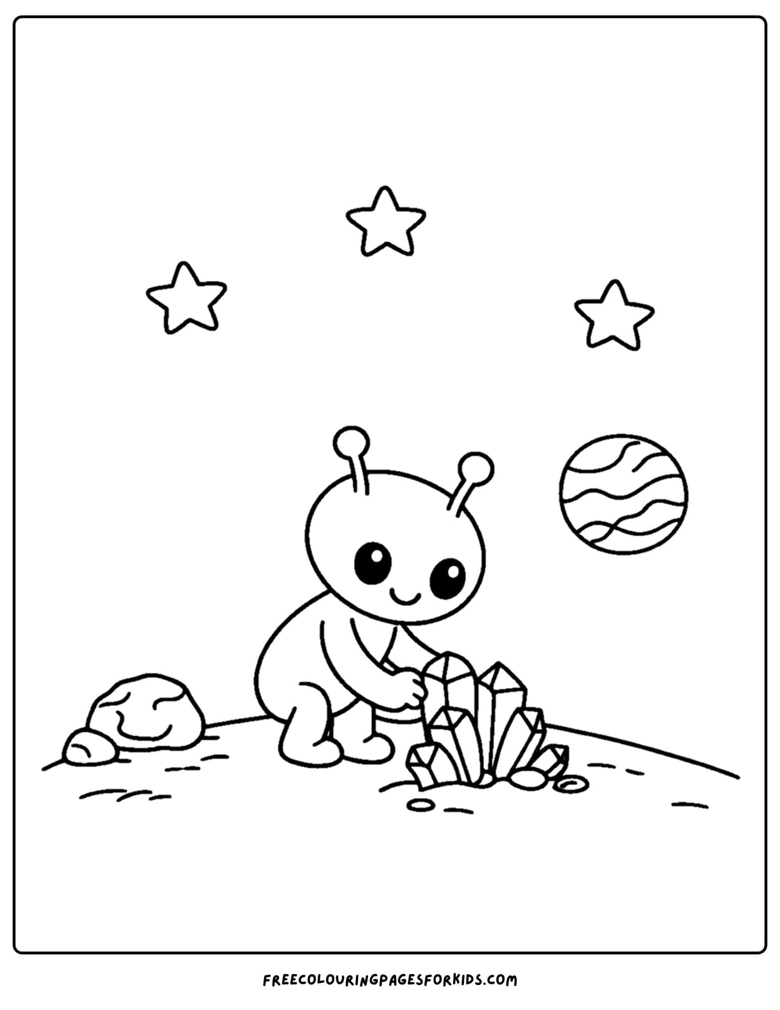 a coloring page of a space alien collecting crystals