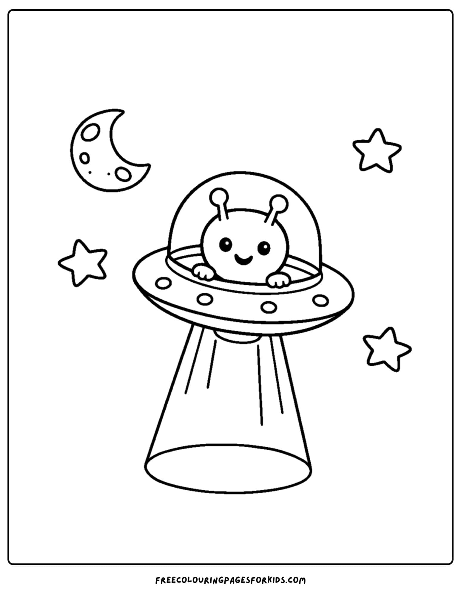 a coloring page of a space alien in a flying saucer