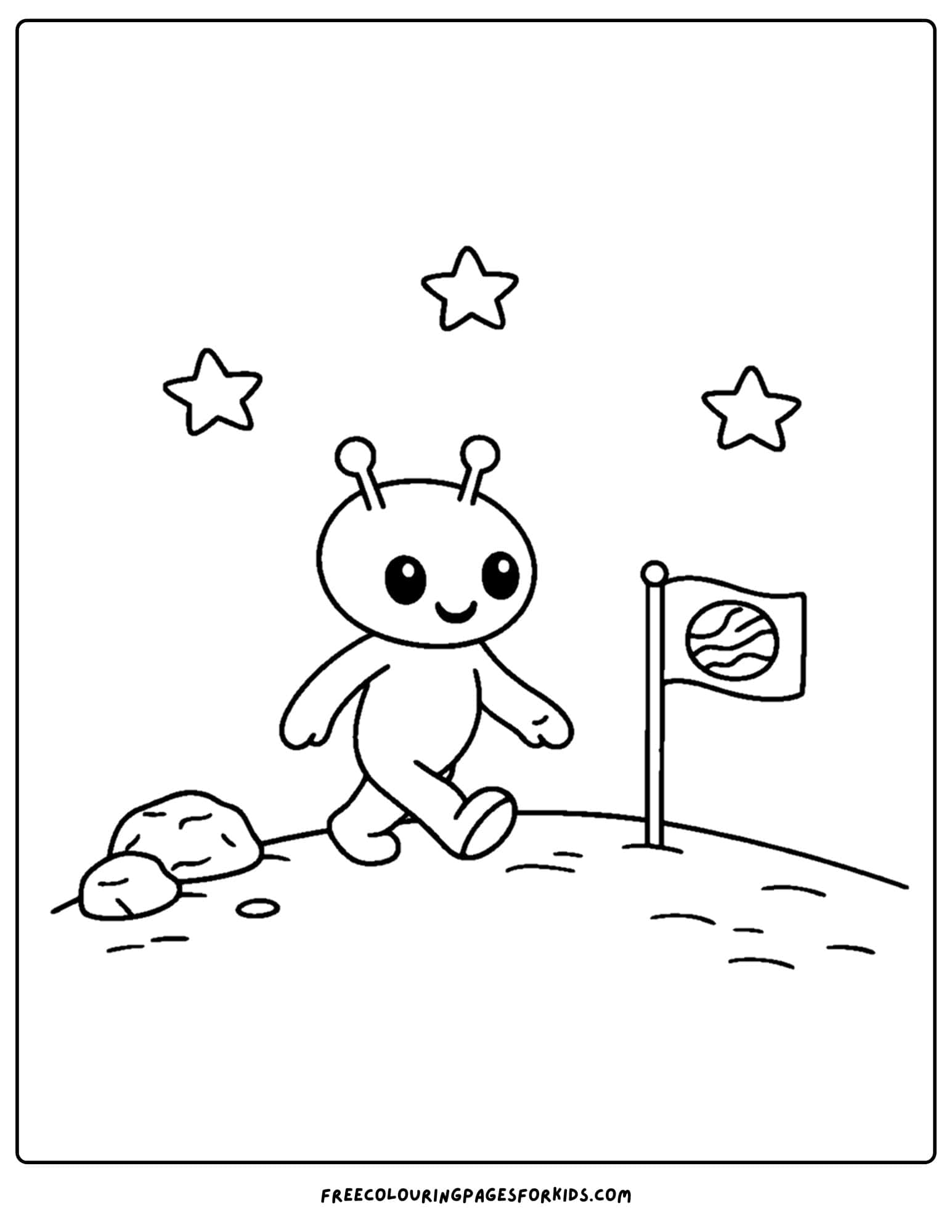 a coloring page of a space alien walking on mars