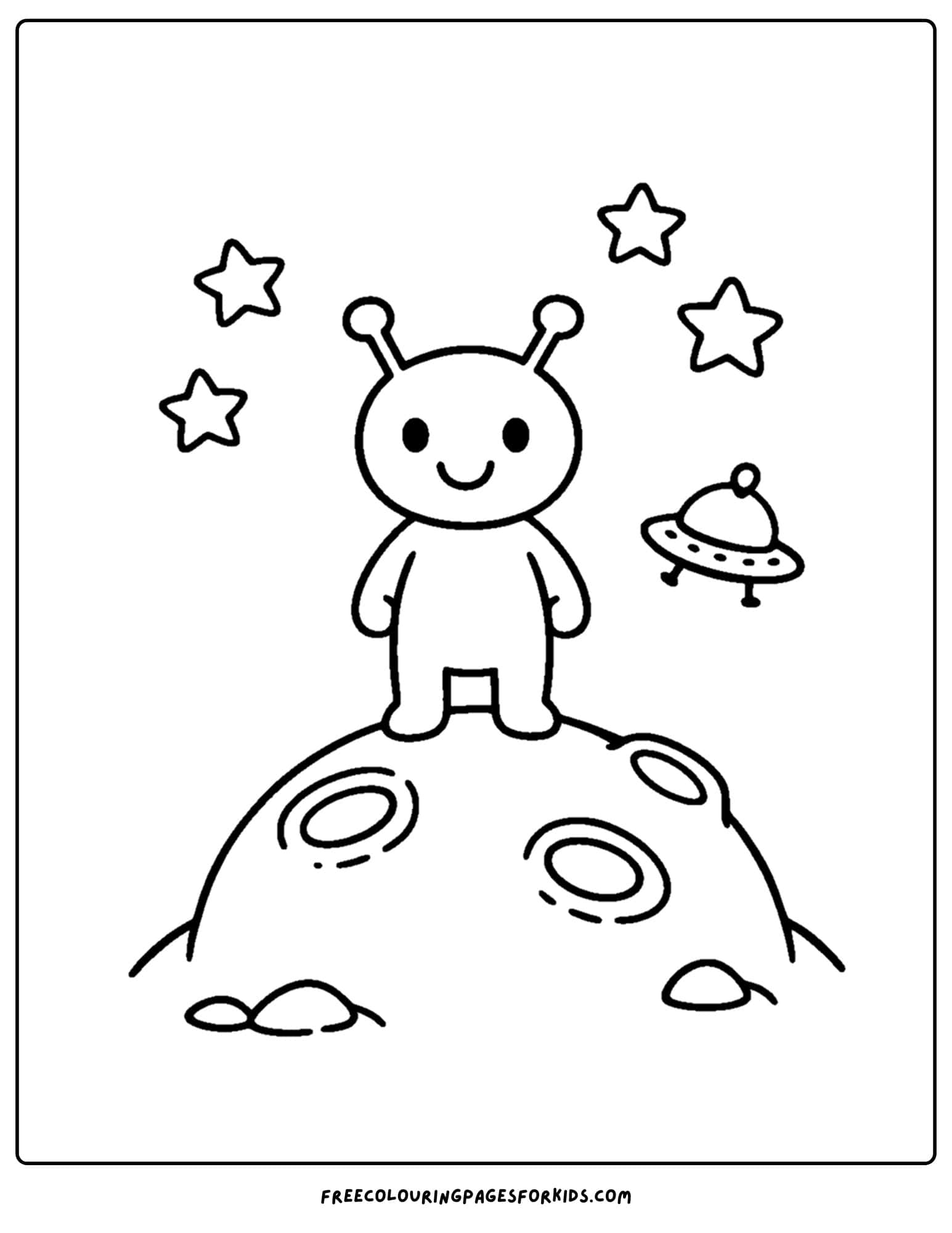 a coloring page of a space alien on the moon