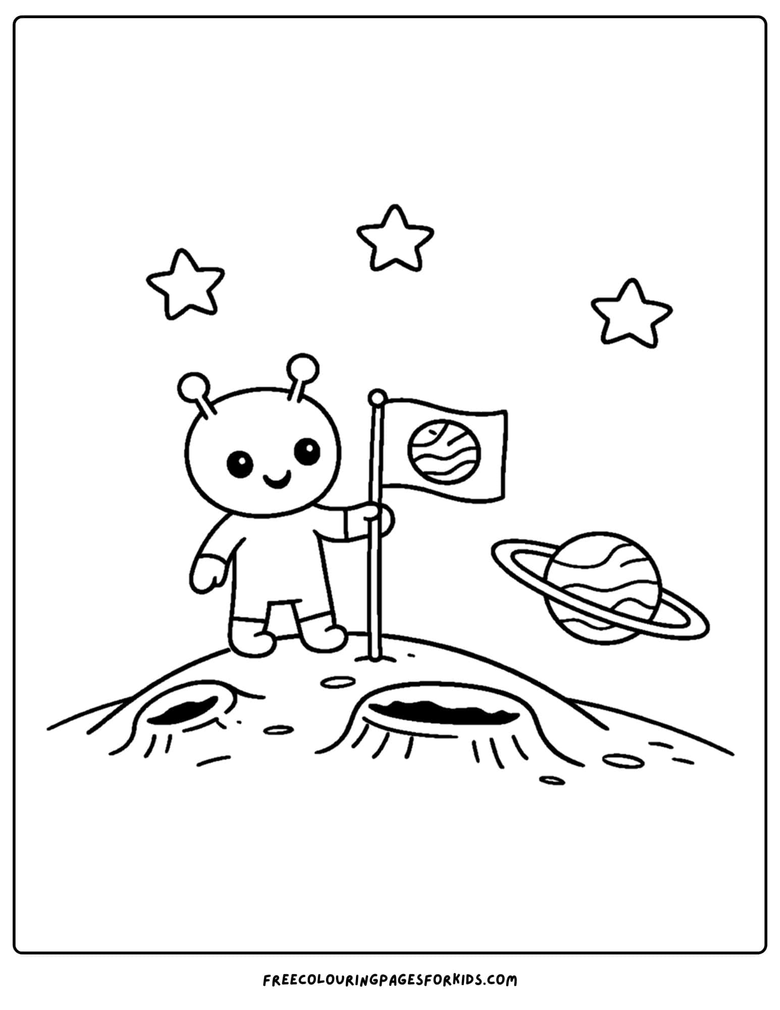 a coloring page of a space alien planting a flag on a planet