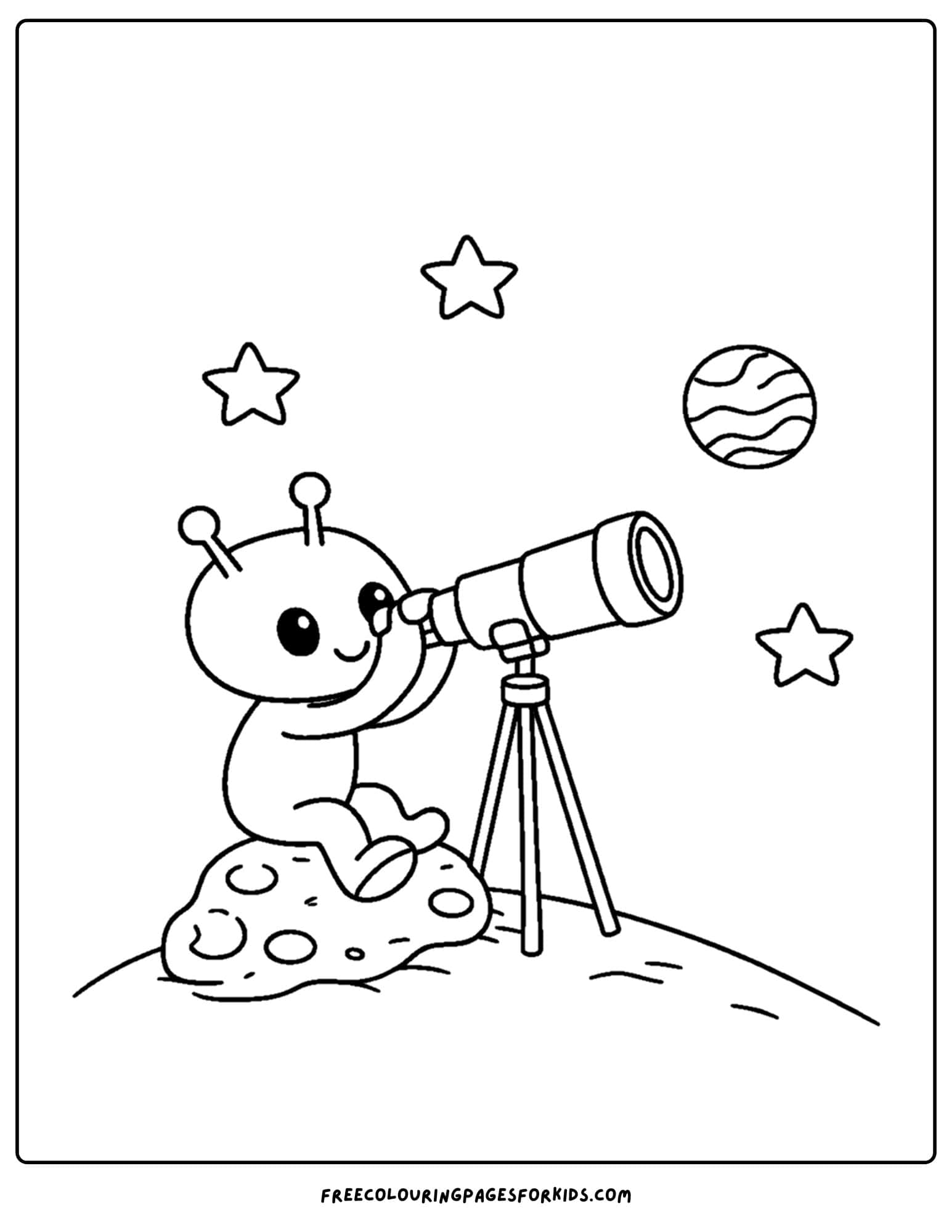 a coloring page of a space alien using a telescope