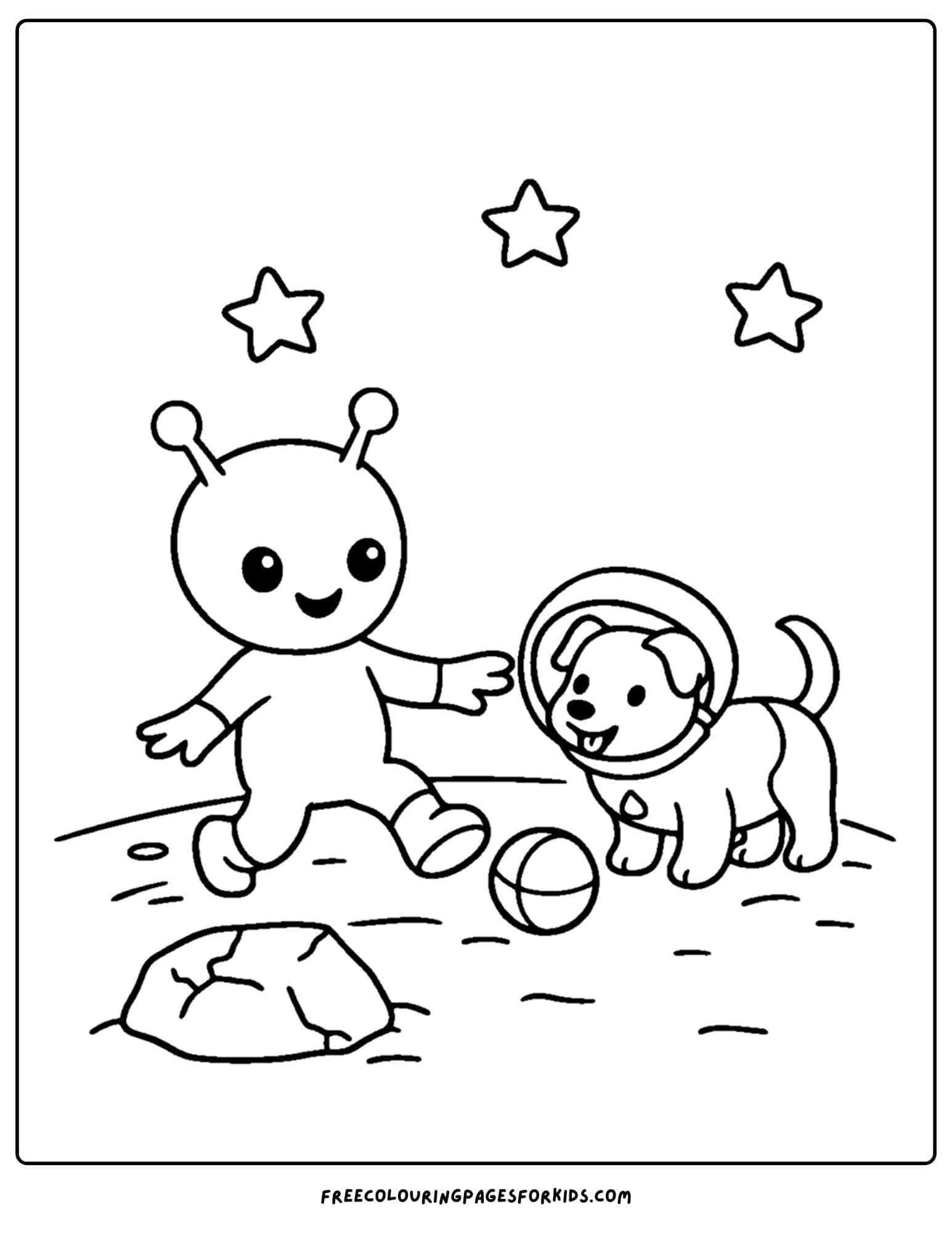 a coloring page of a space alien and a space dog