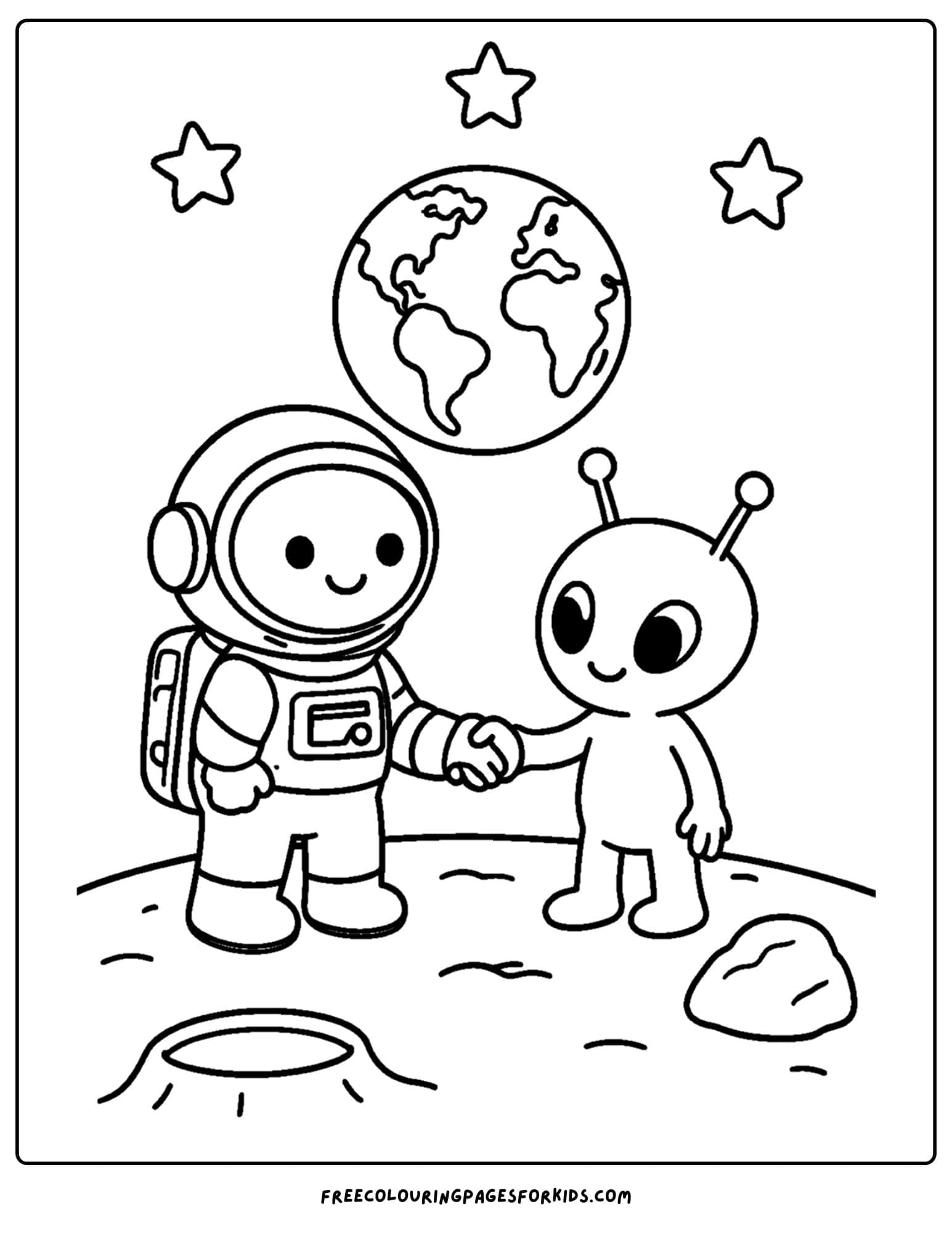 a coloring page of a space alien meeting an astronaut