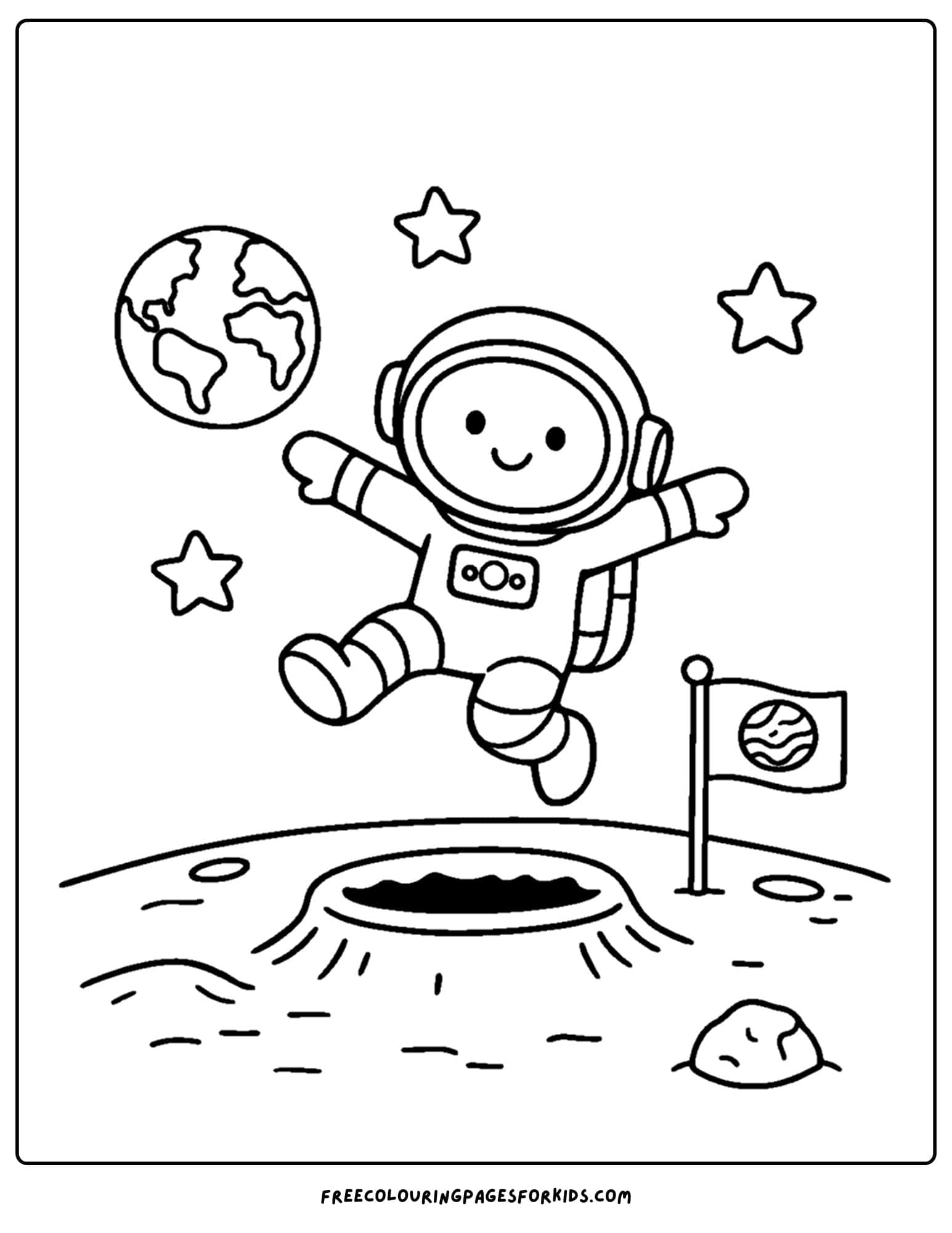 a coloring page of an astronaut jumping over a crater