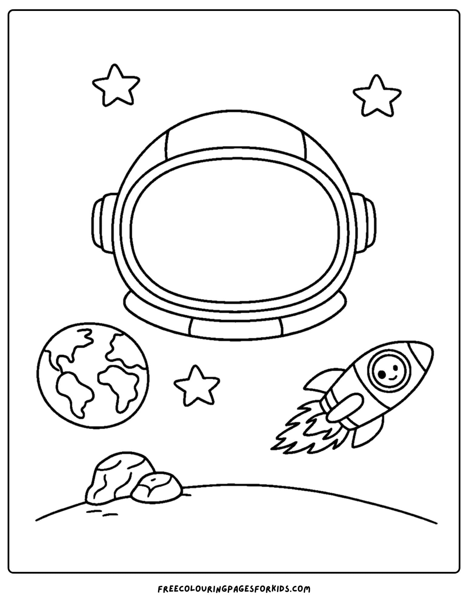 a coloring page of an astronaut helmet, earth and a rocket