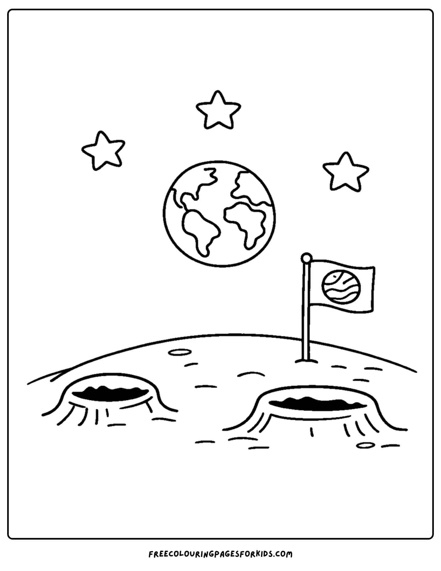 a coloring page of a space scene with a flag planted on the moon