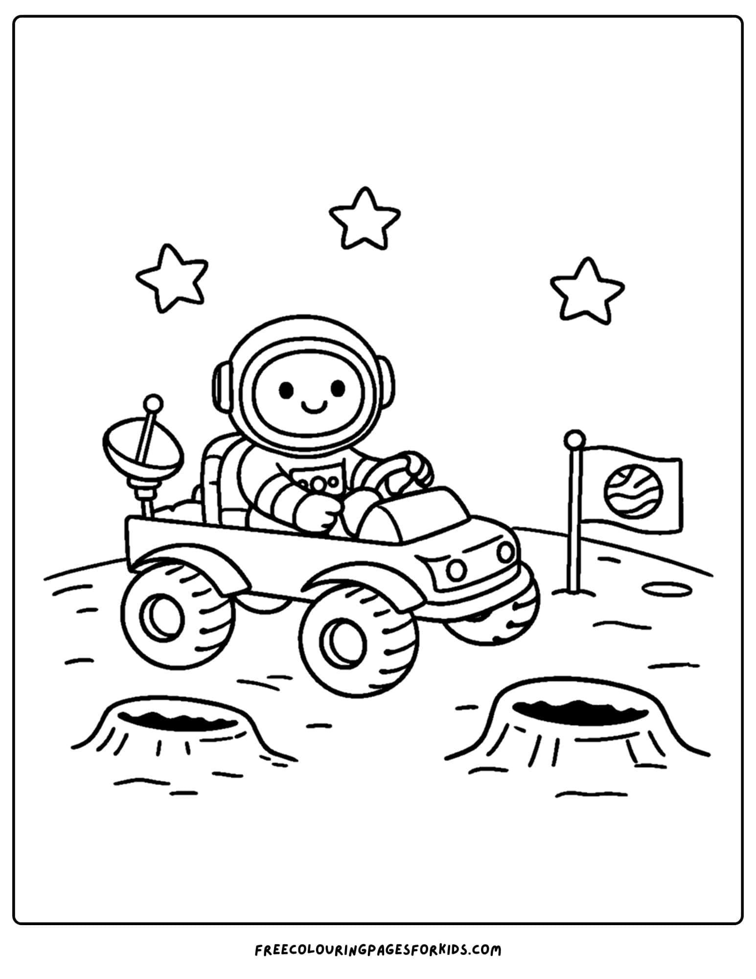 a coloring page of a space moon rover riding around