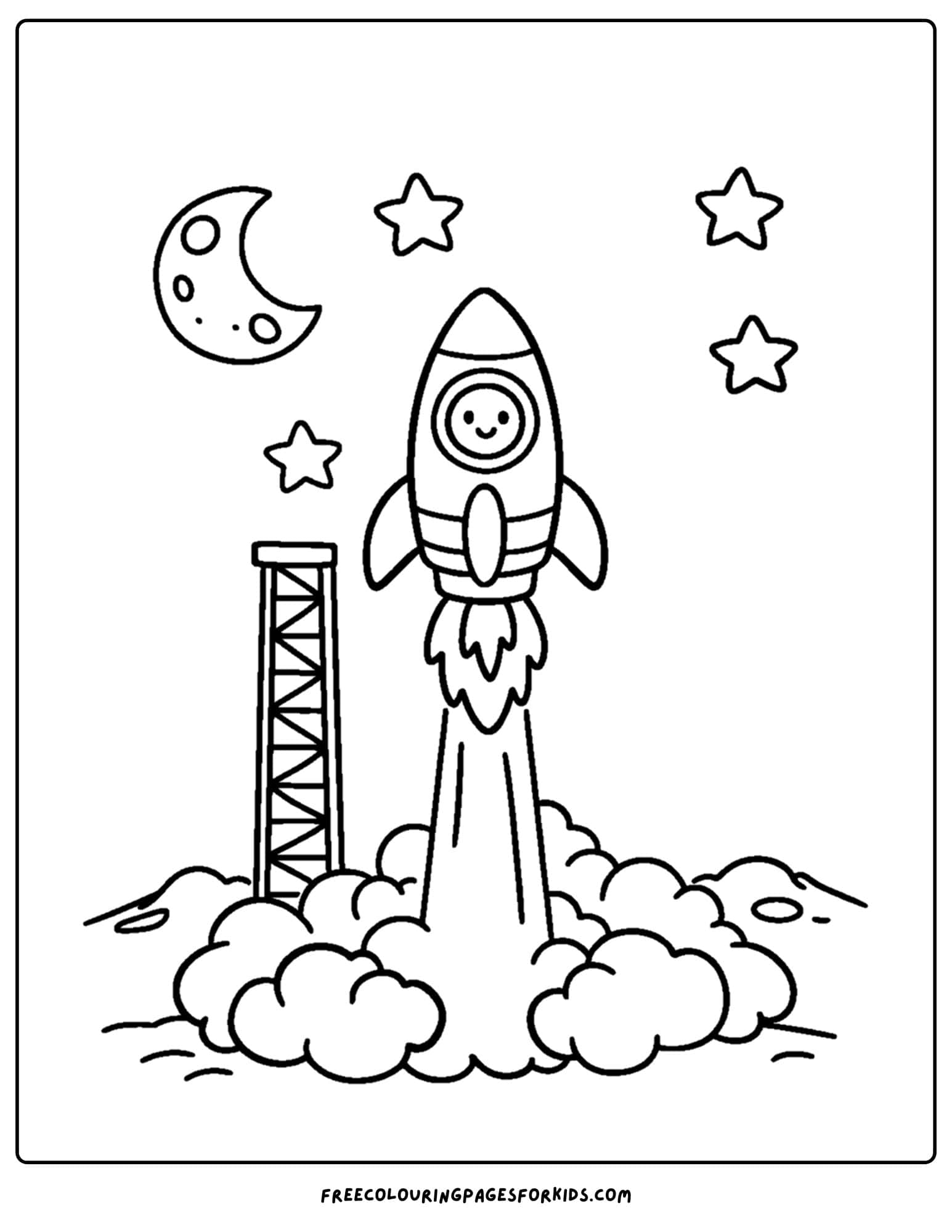 a coloring page of a space rocket launching off