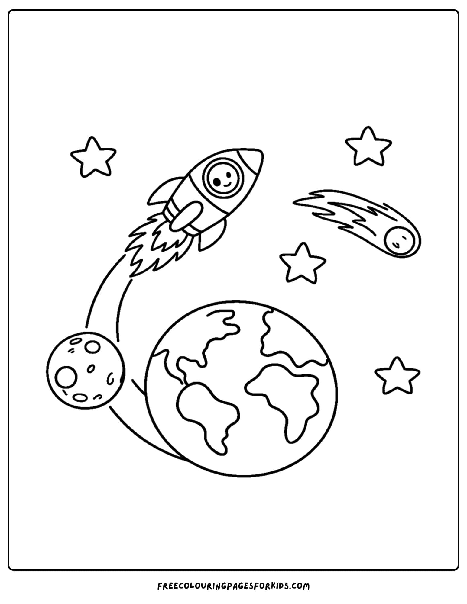a coloring page of a space rocket zooming past earth