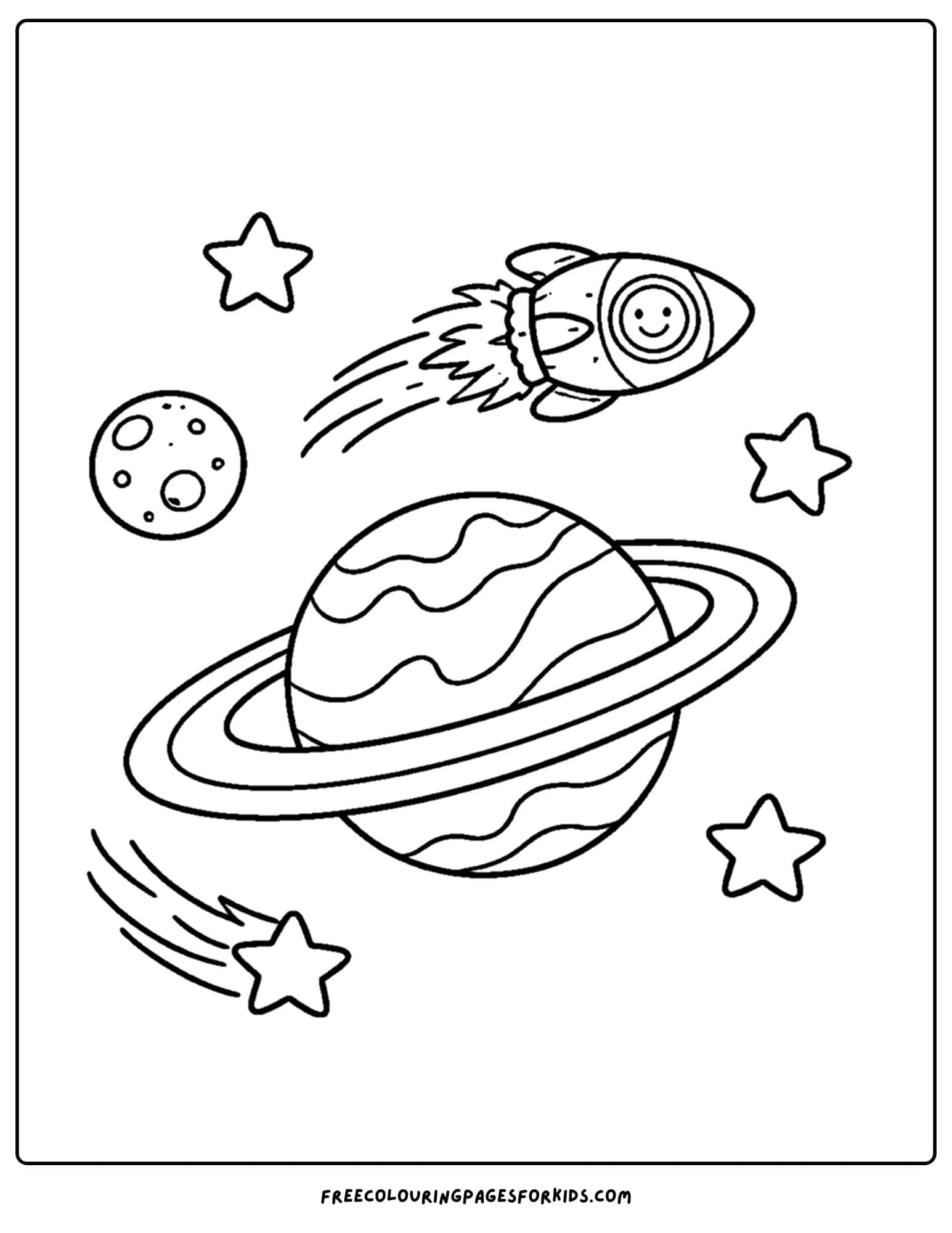 a coloring page of a space rocket passing a planet