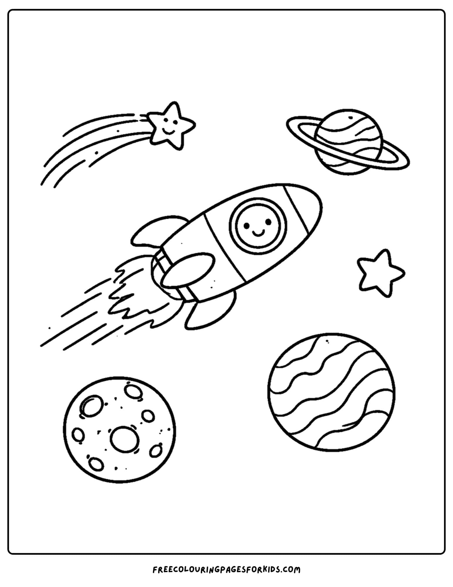 a coloring page of a space rocket and planets