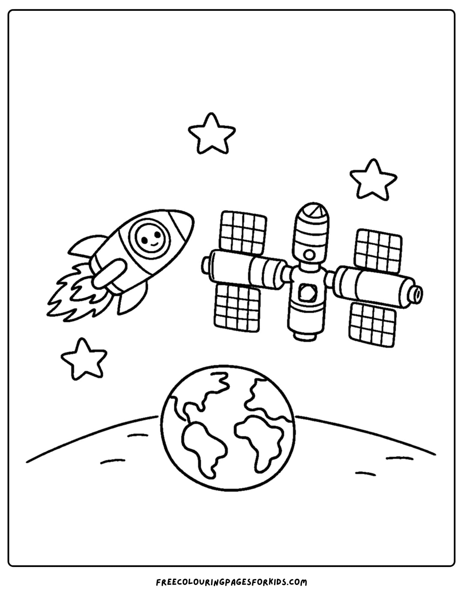 a coloring page of a space station with a rocket coming to dock
