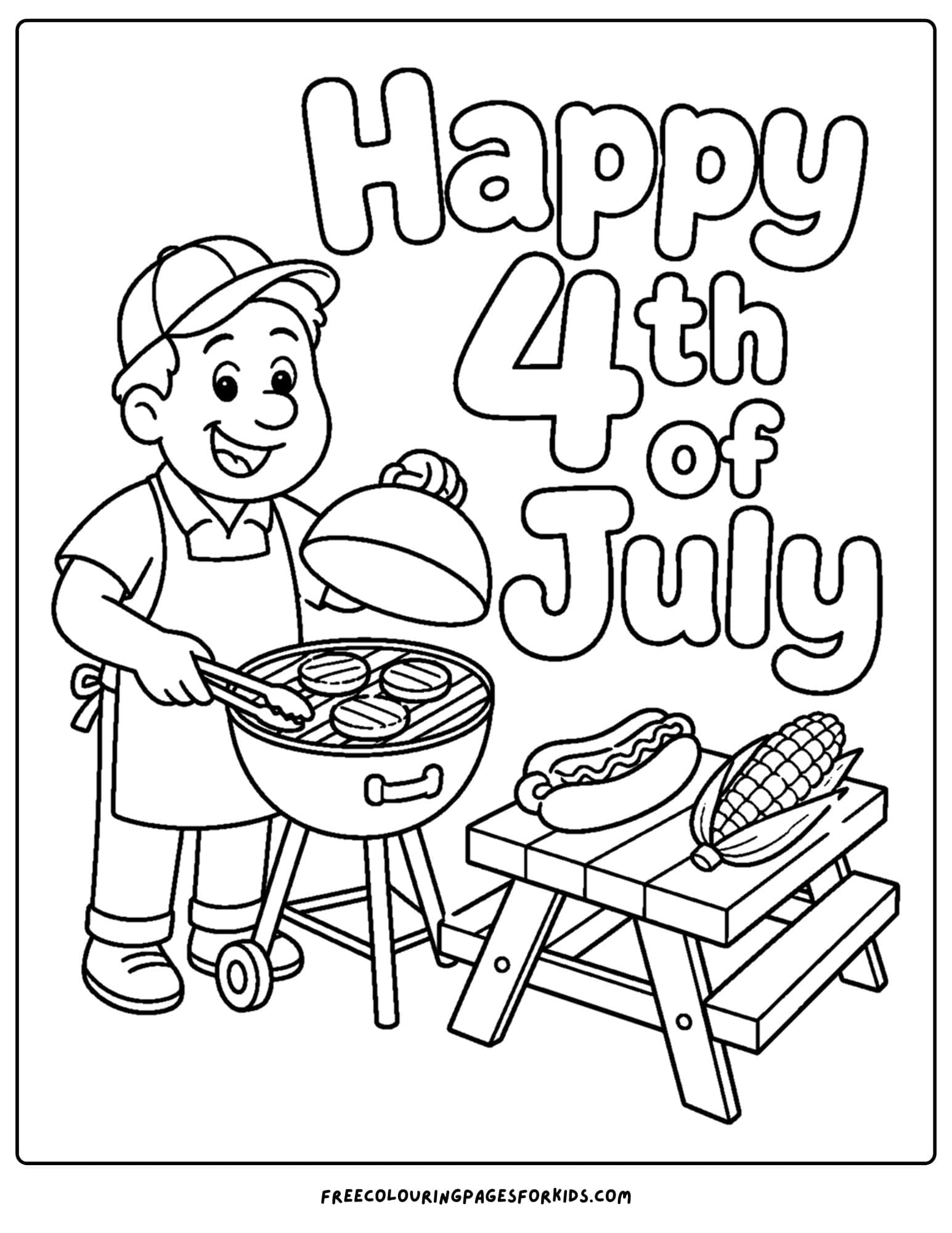 a 4th of july coloring page showing a backyard bbq with a dad cooking