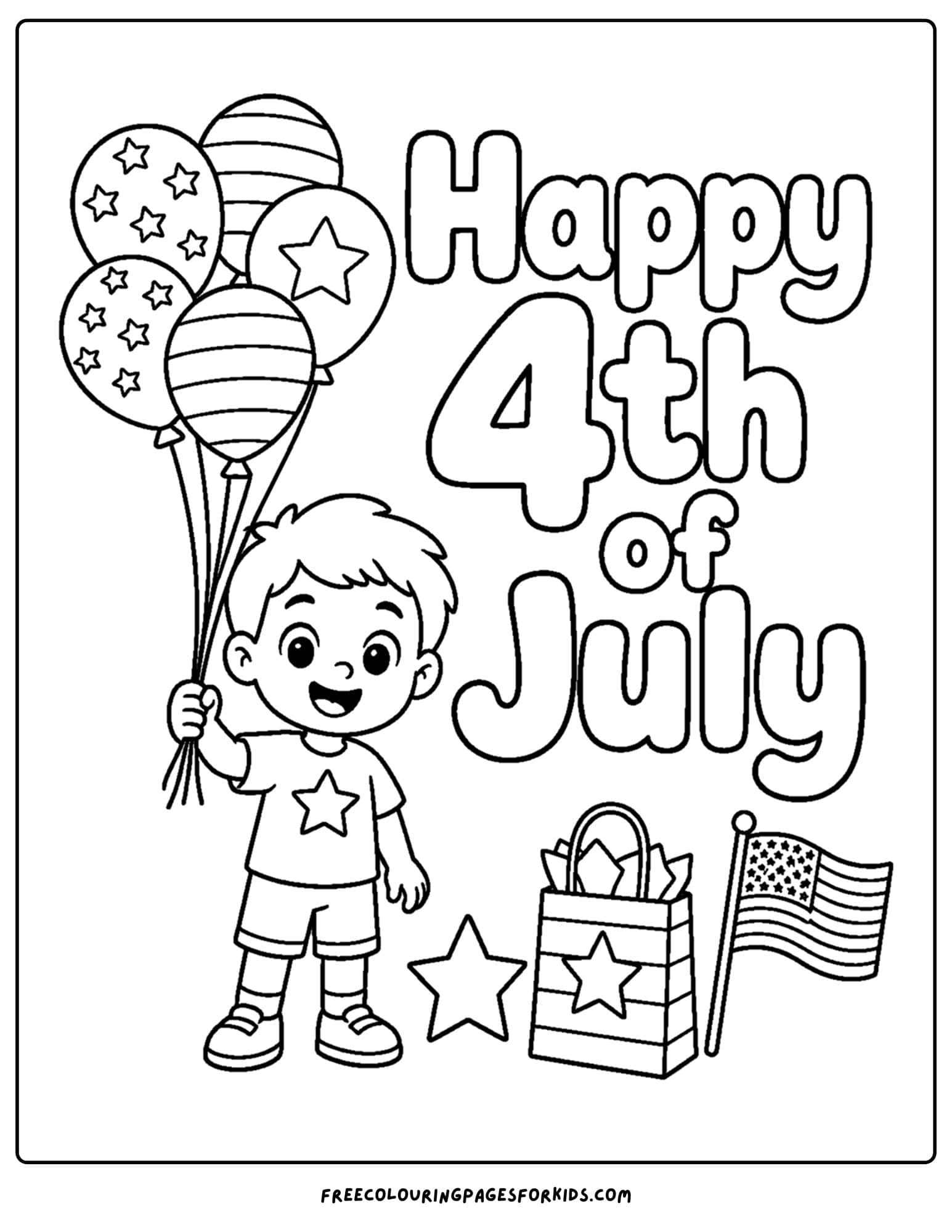 a 4th of july coloring page showing a child holding a bunch of balloons