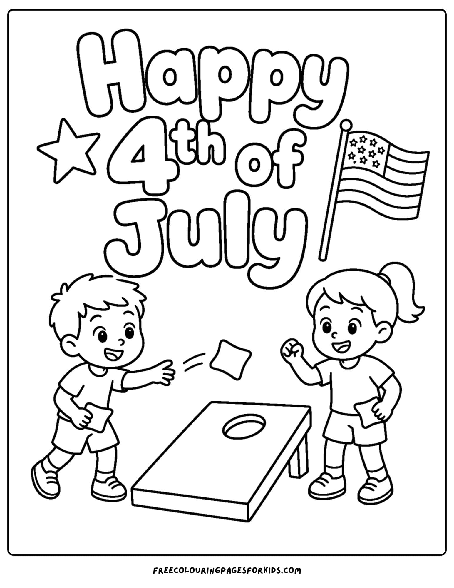 a 4th of july coloring page showing kids throwing bean bags