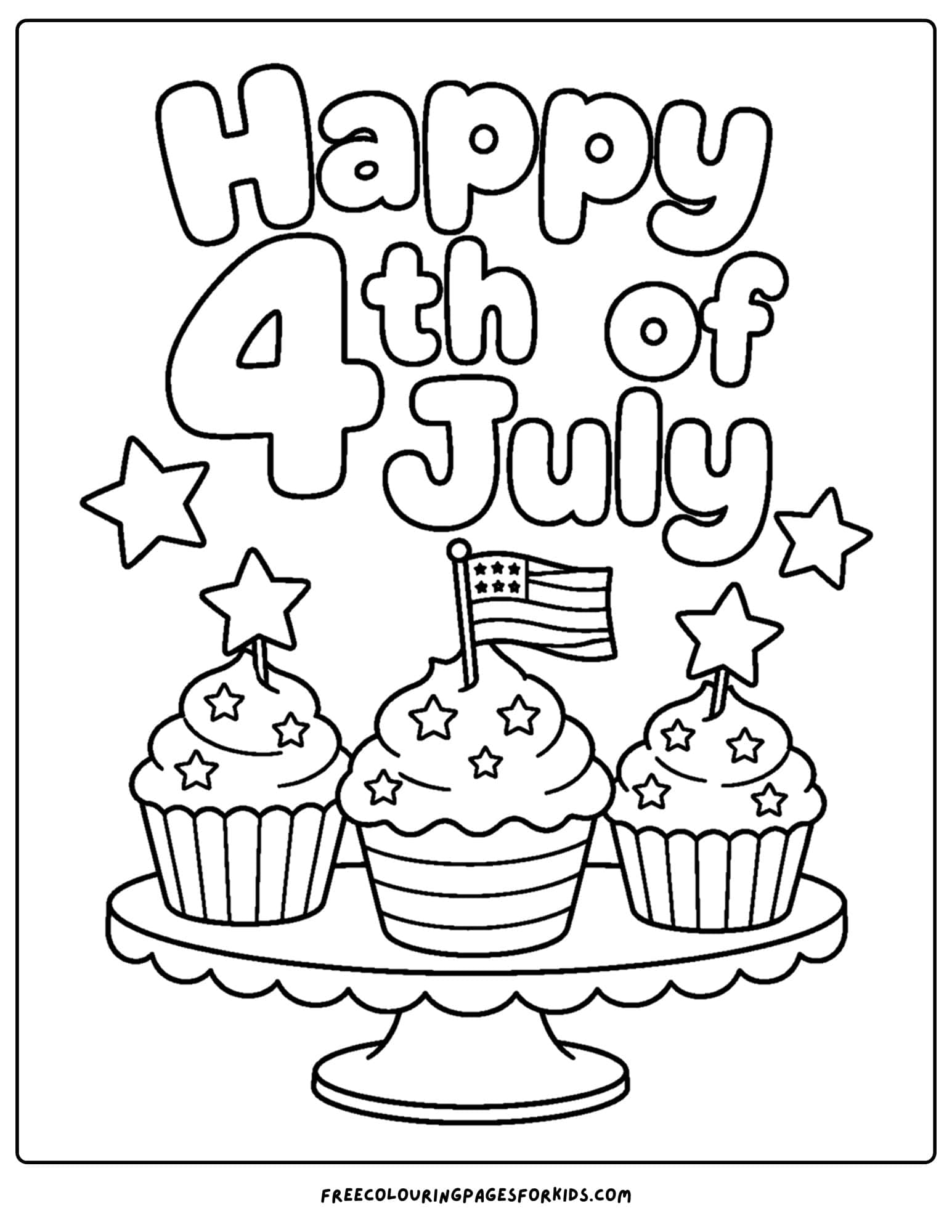 a 4th of july coloring page showing a tray of celebration cupcakes