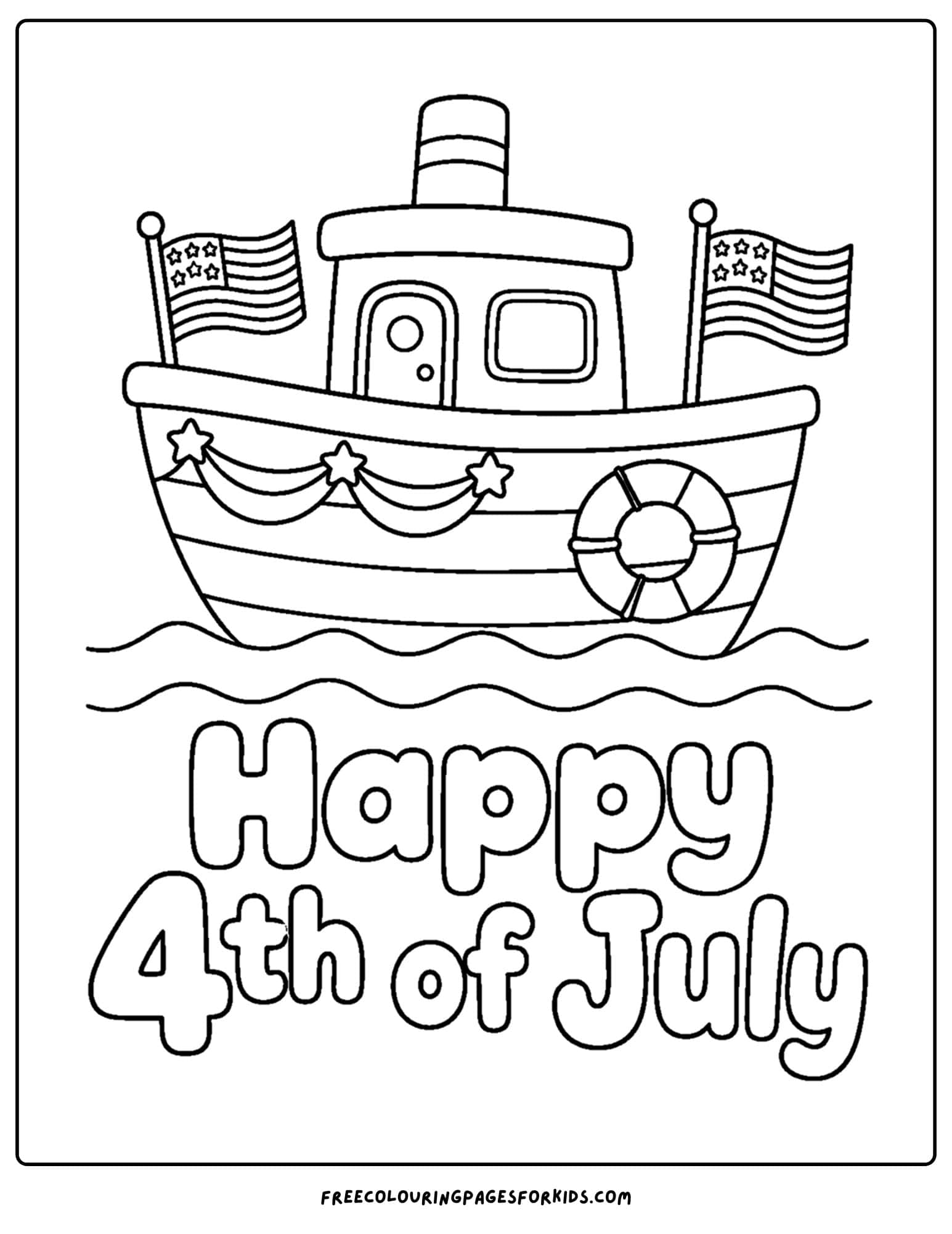 a 4th of july coloring page showing a boat decorated