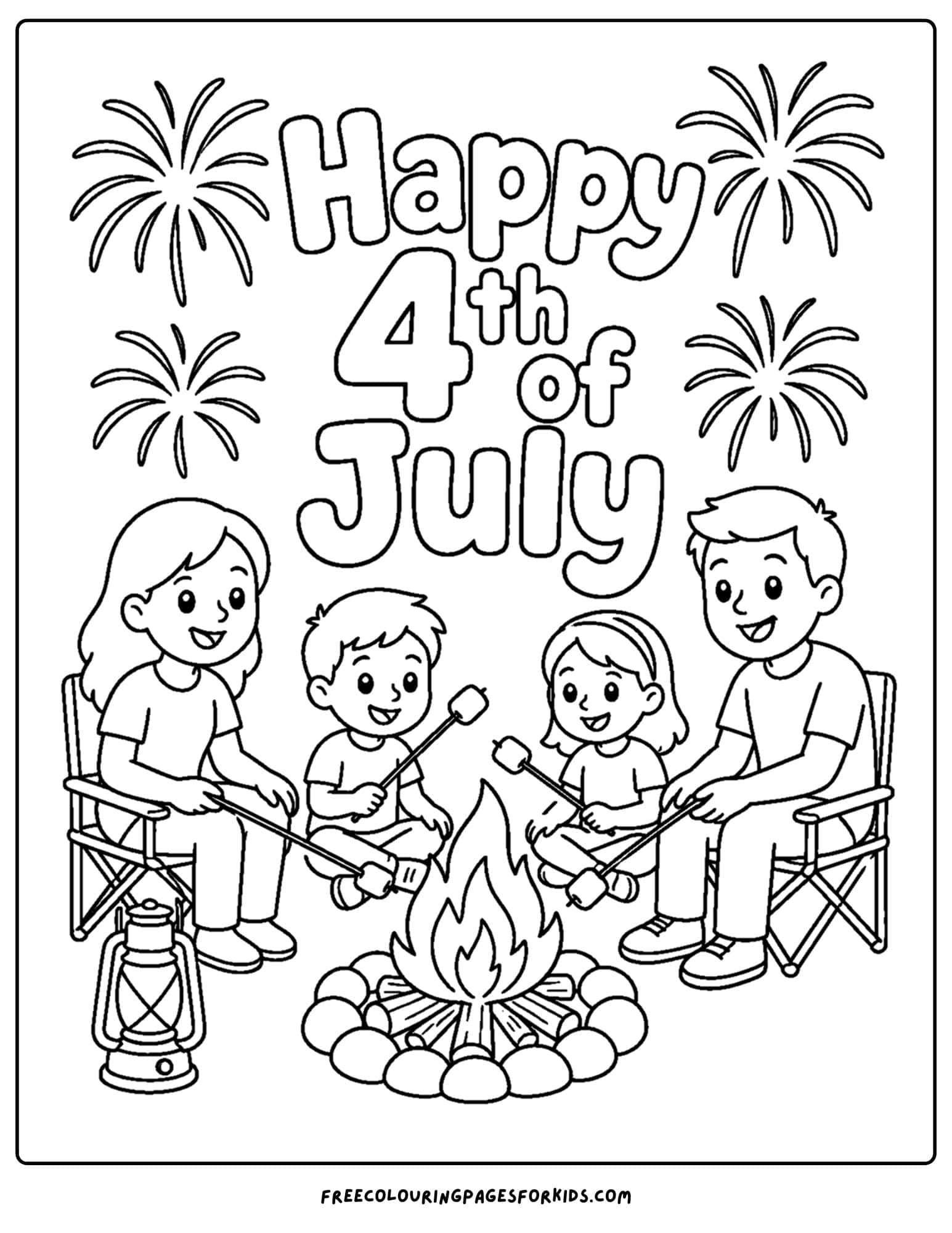 a 4th of july coloring page showing a family roasting marshmallows