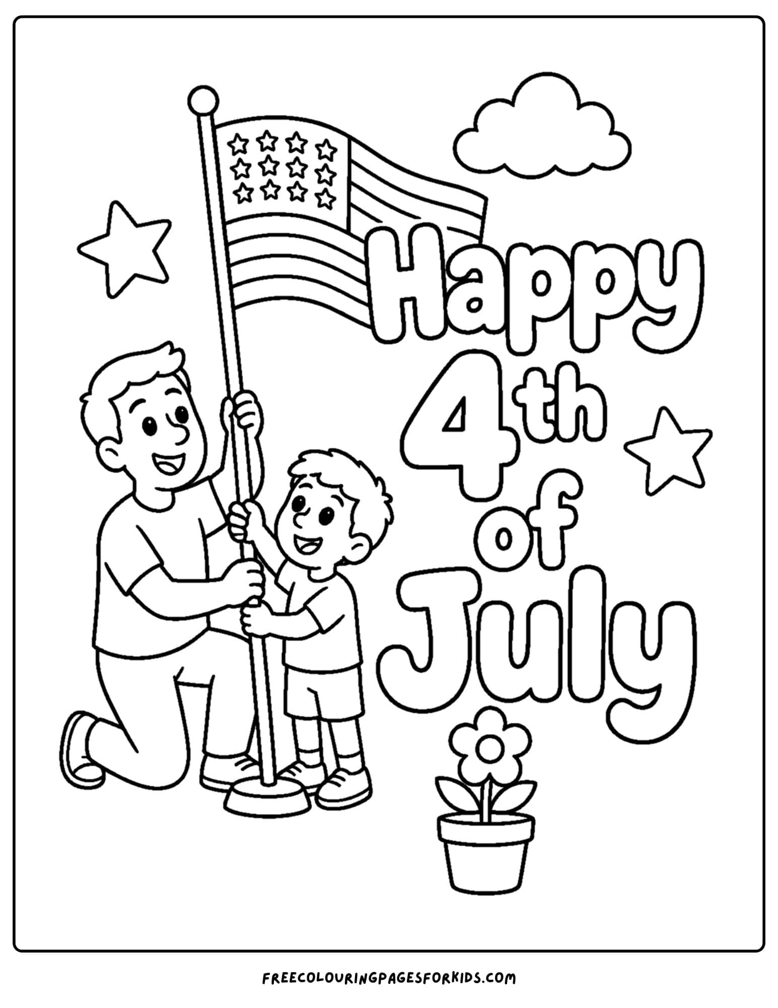 a 4th of july coloring page showing a family setting up a flag