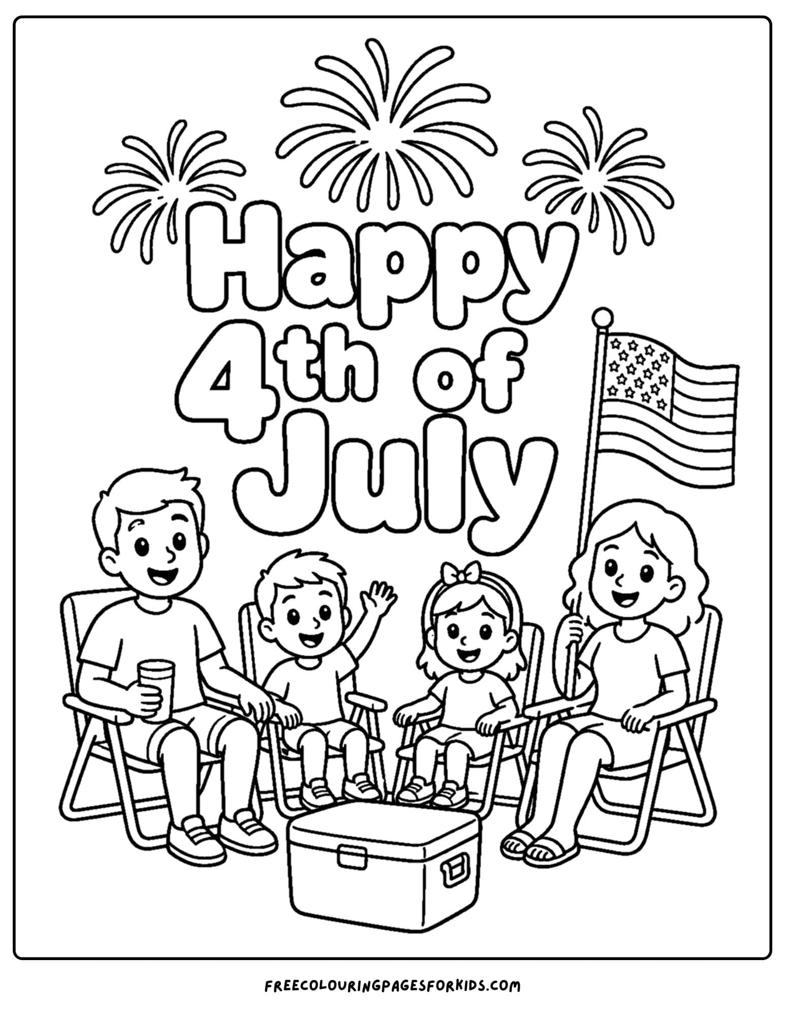 a 4th of july coloring page showing a family sitting out in chairs to celebrate