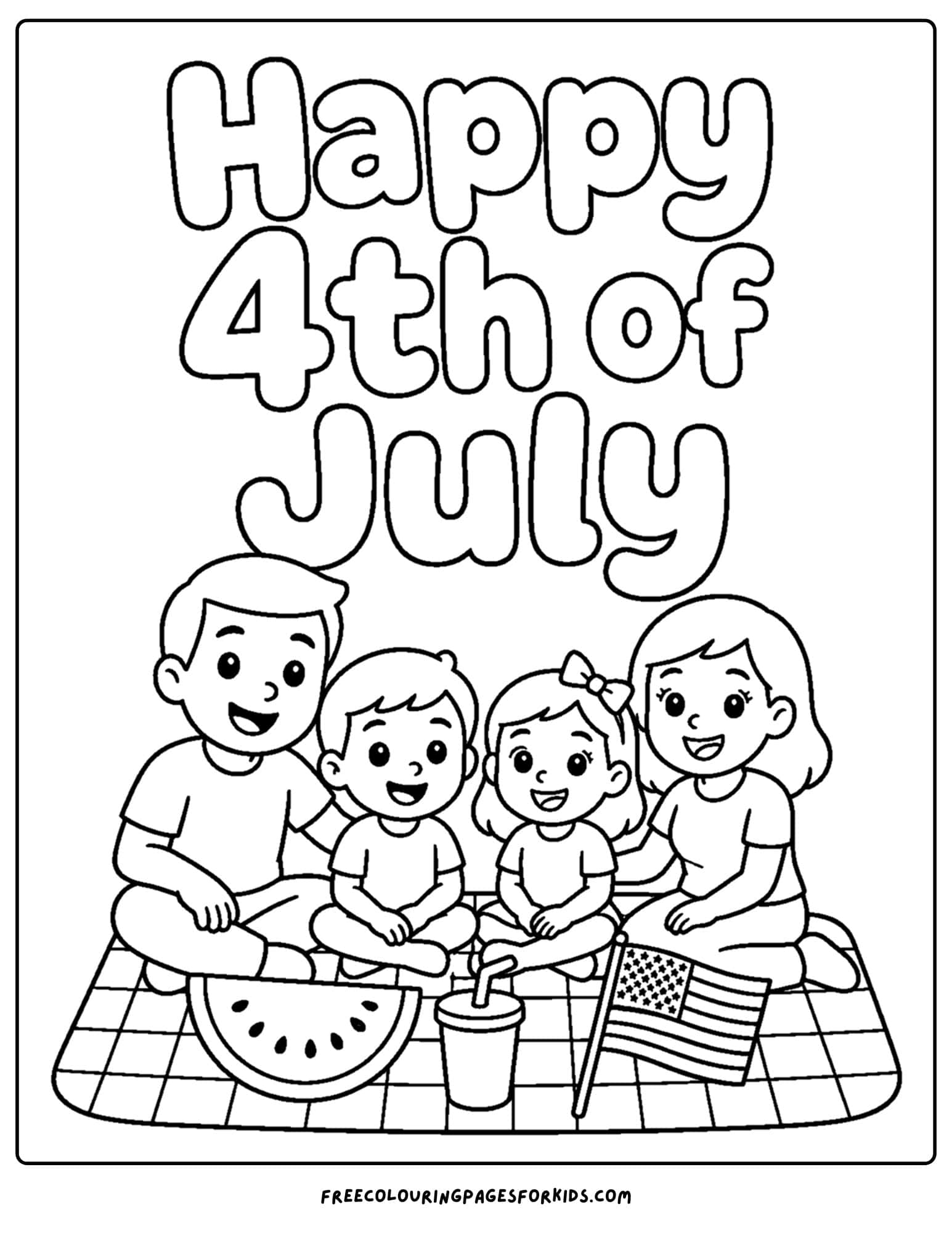 a 4th of july coloring page showing a family picnic