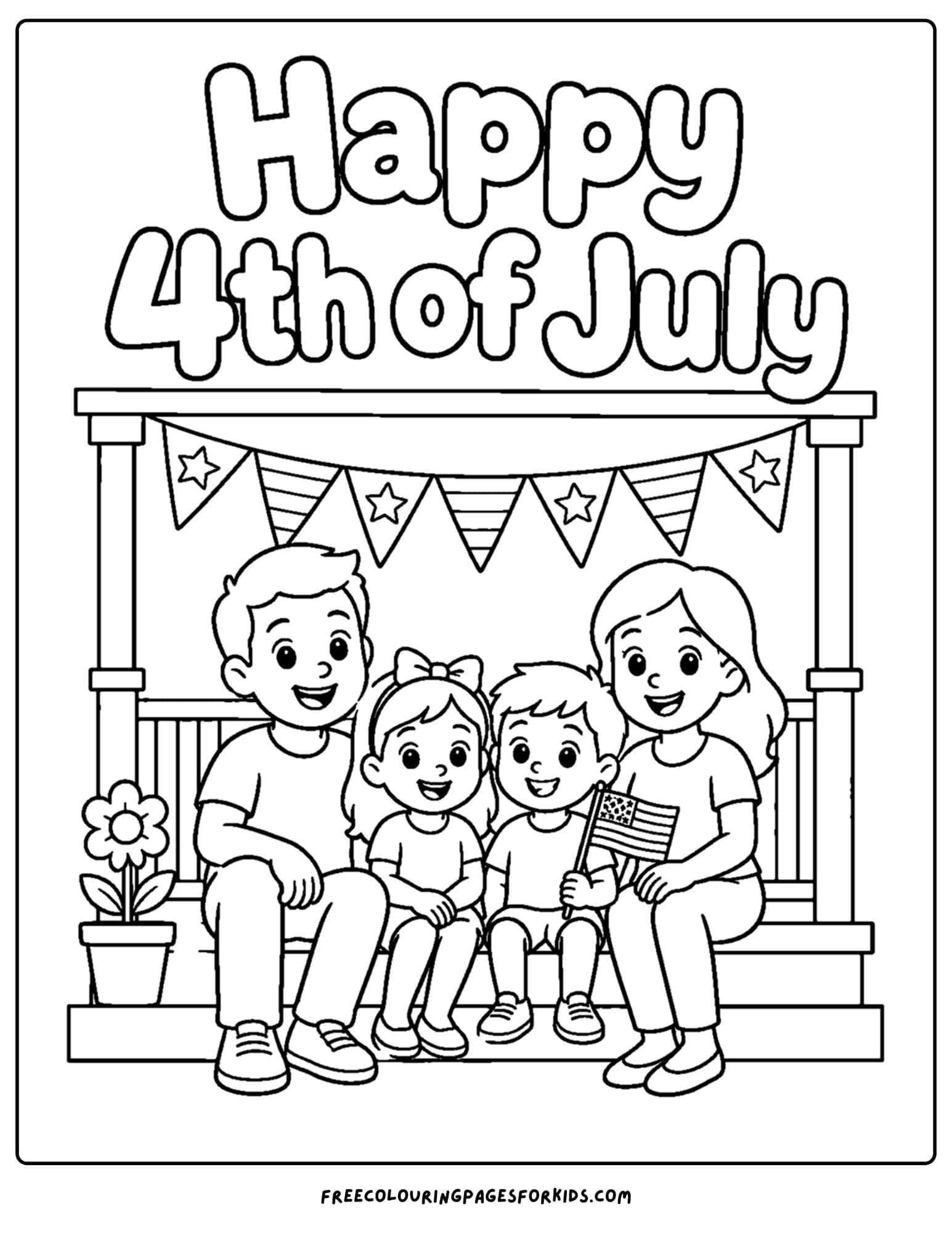 a 4th of july coloring page showing a family sitting on a porch