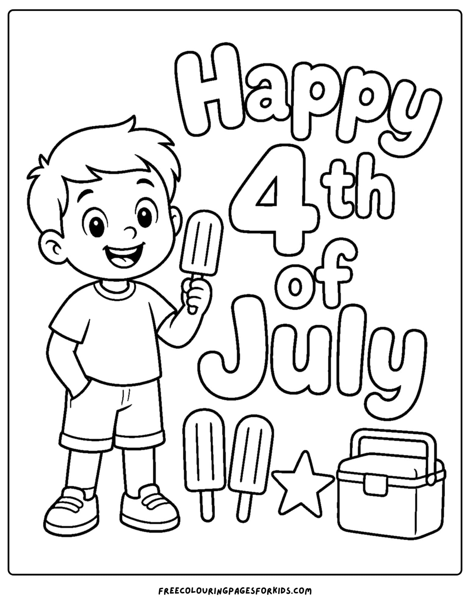 a 4th of july coloring page showing a child holding an ice cream