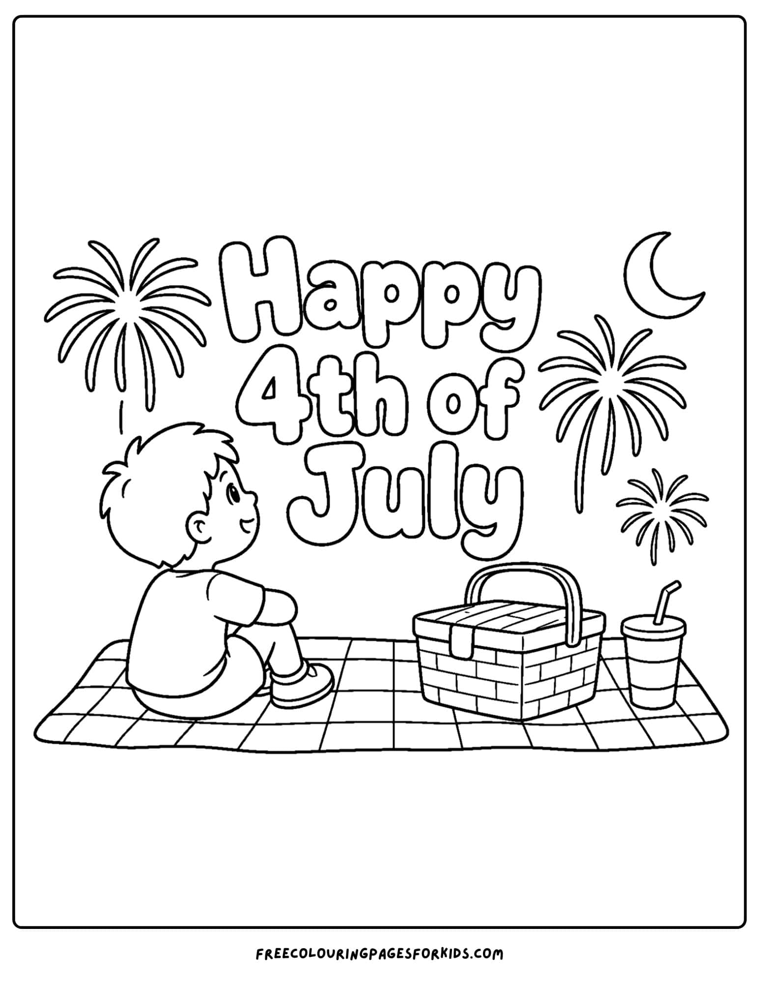 a 4th of july coloring page showing a child watching fireworks from a picnic blanket