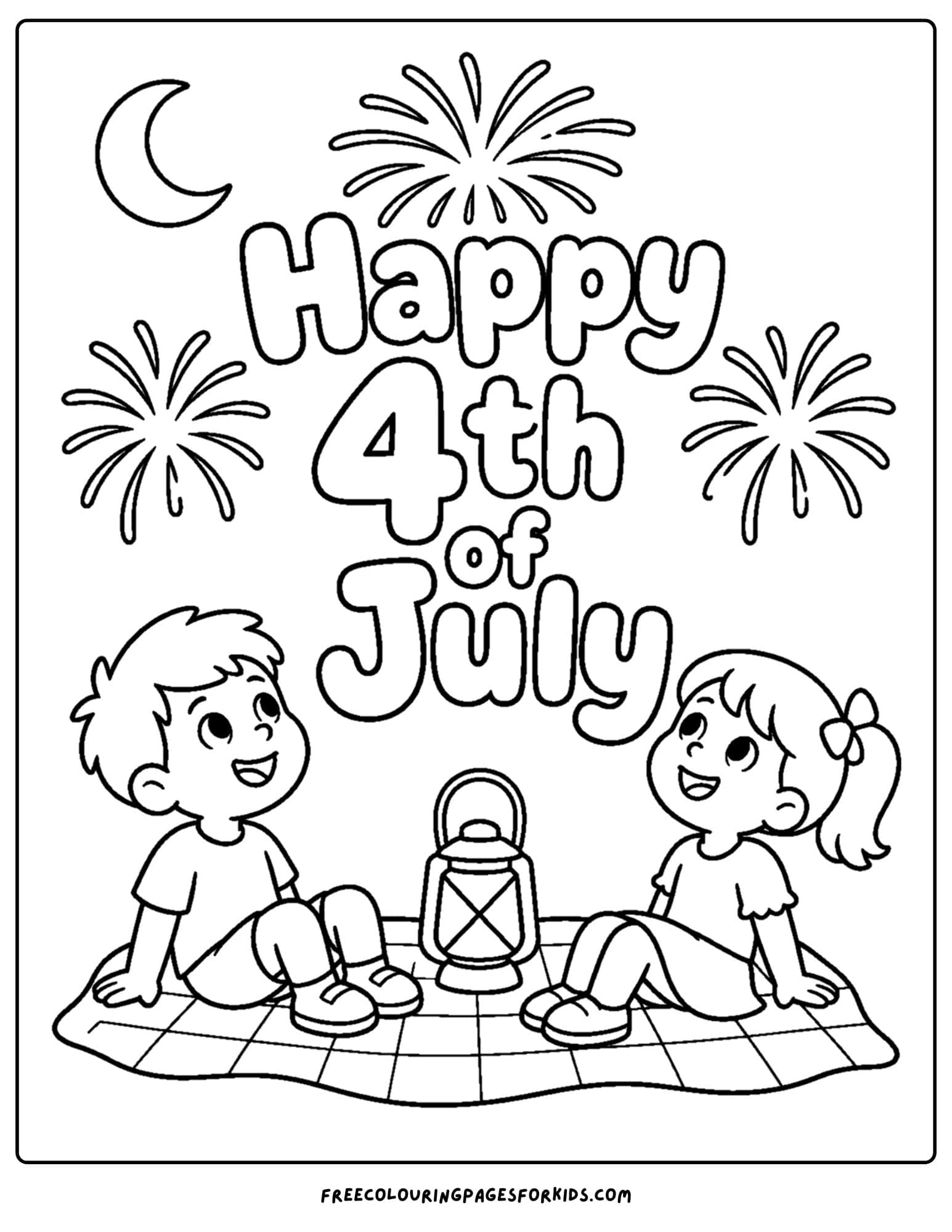 a 4th of july coloring page showing kids looking up at fireworks
