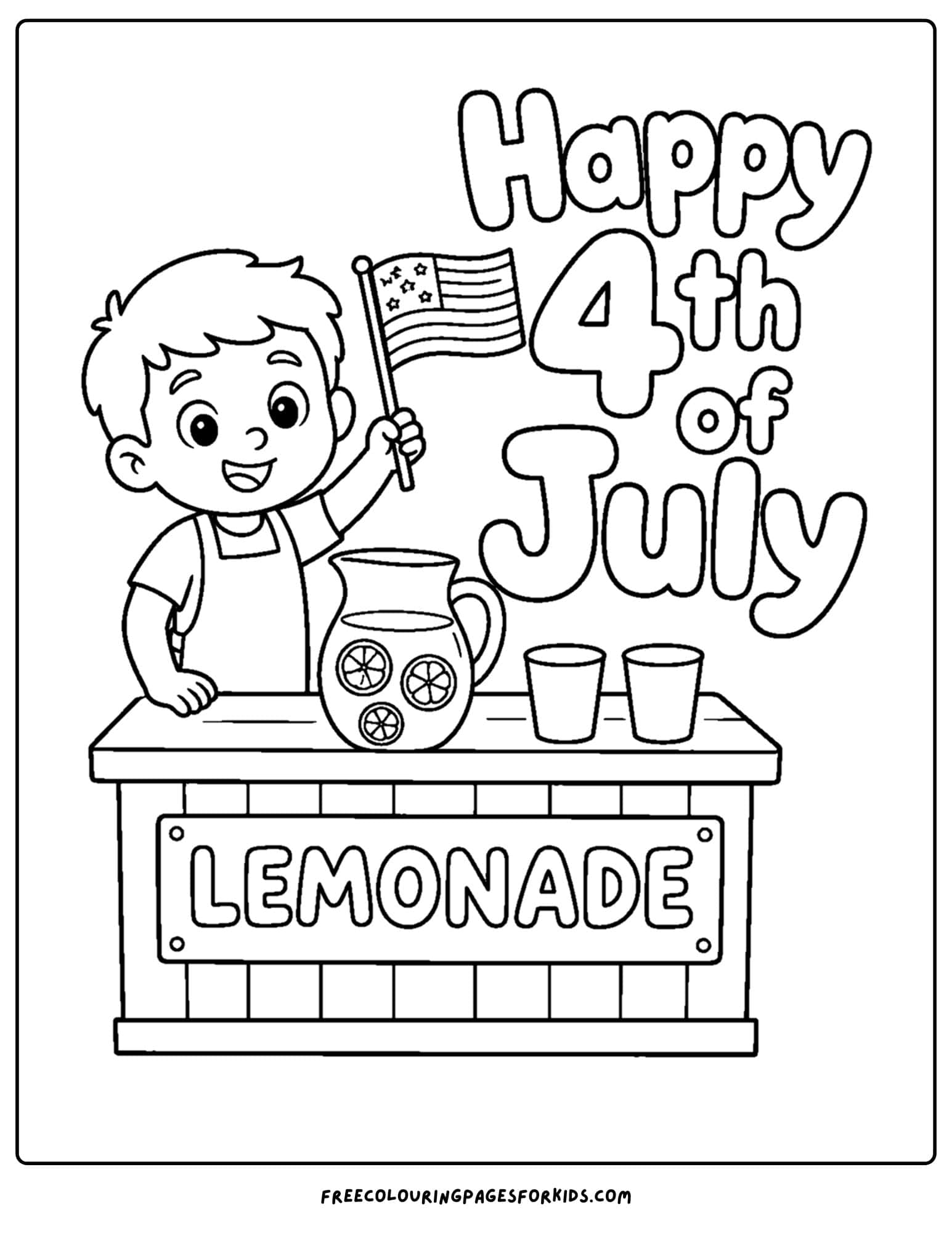 a 4th of july coloring page showing a child at a lemonade stand