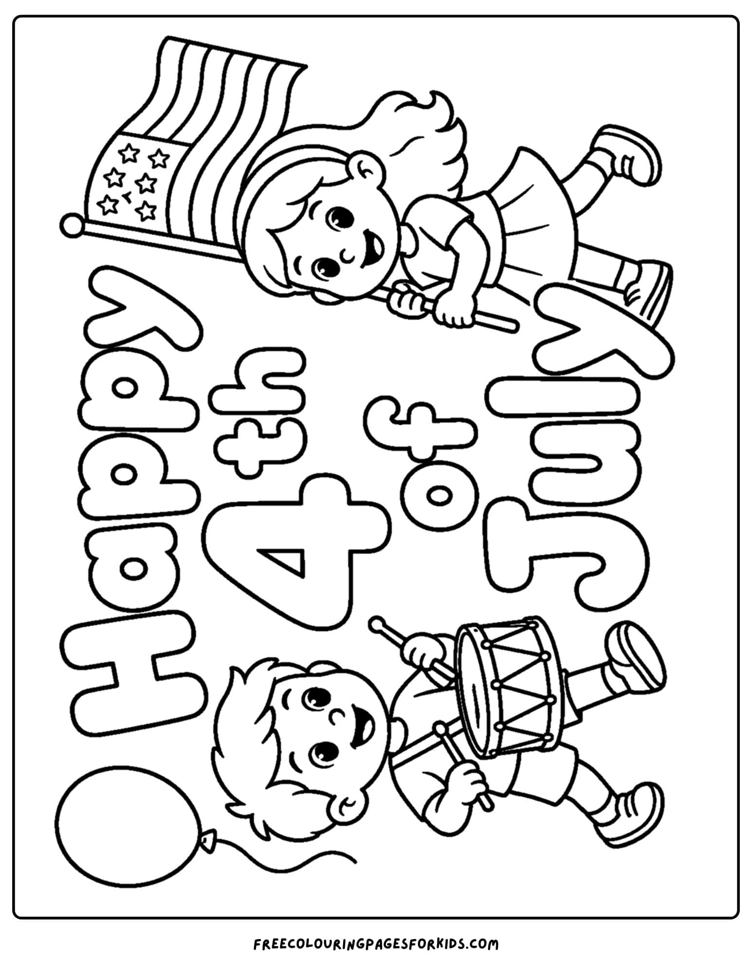 a 4th of july coloring page showing a neighbourhood parade