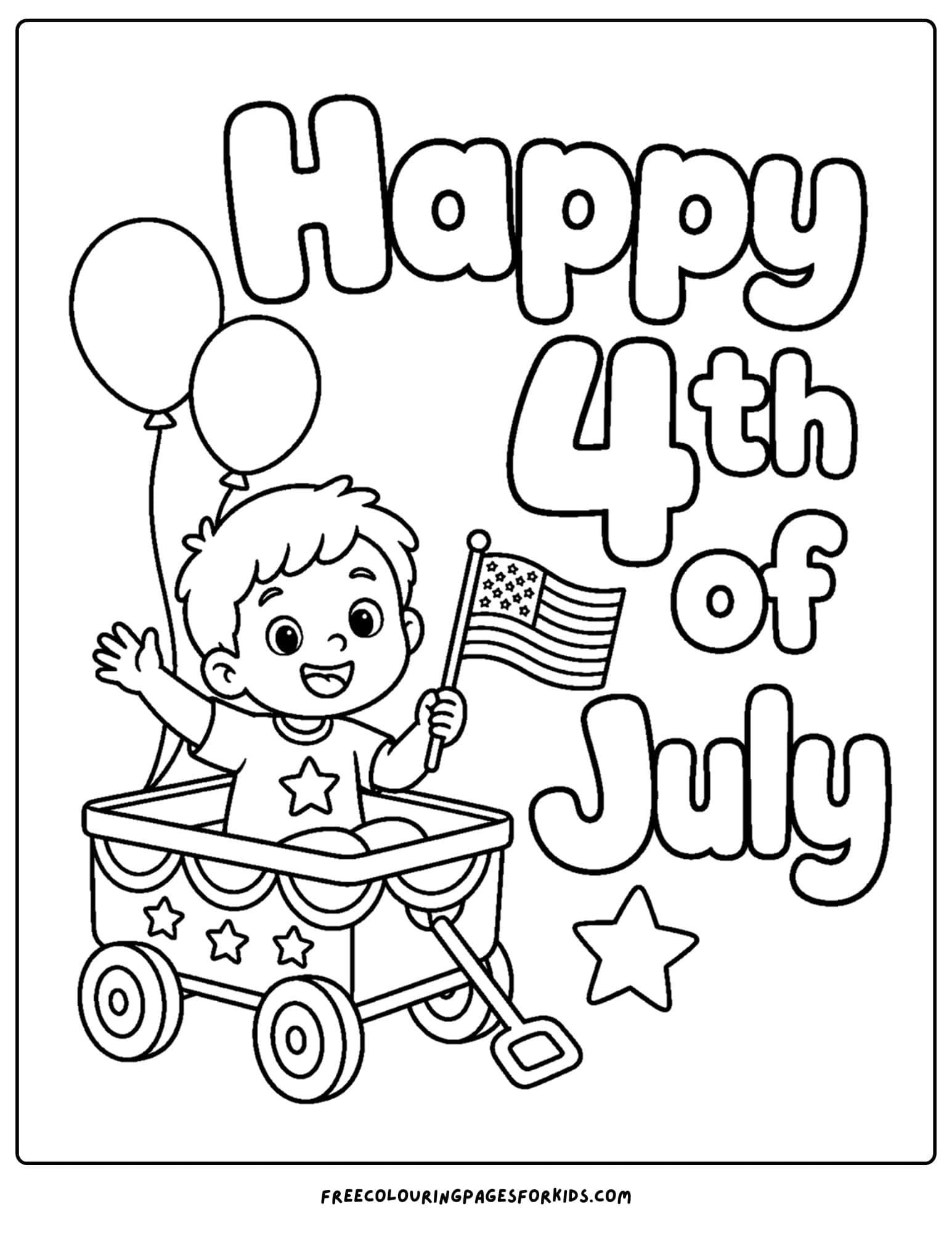 a 4th of july coloring page showing a child riding in a wagon