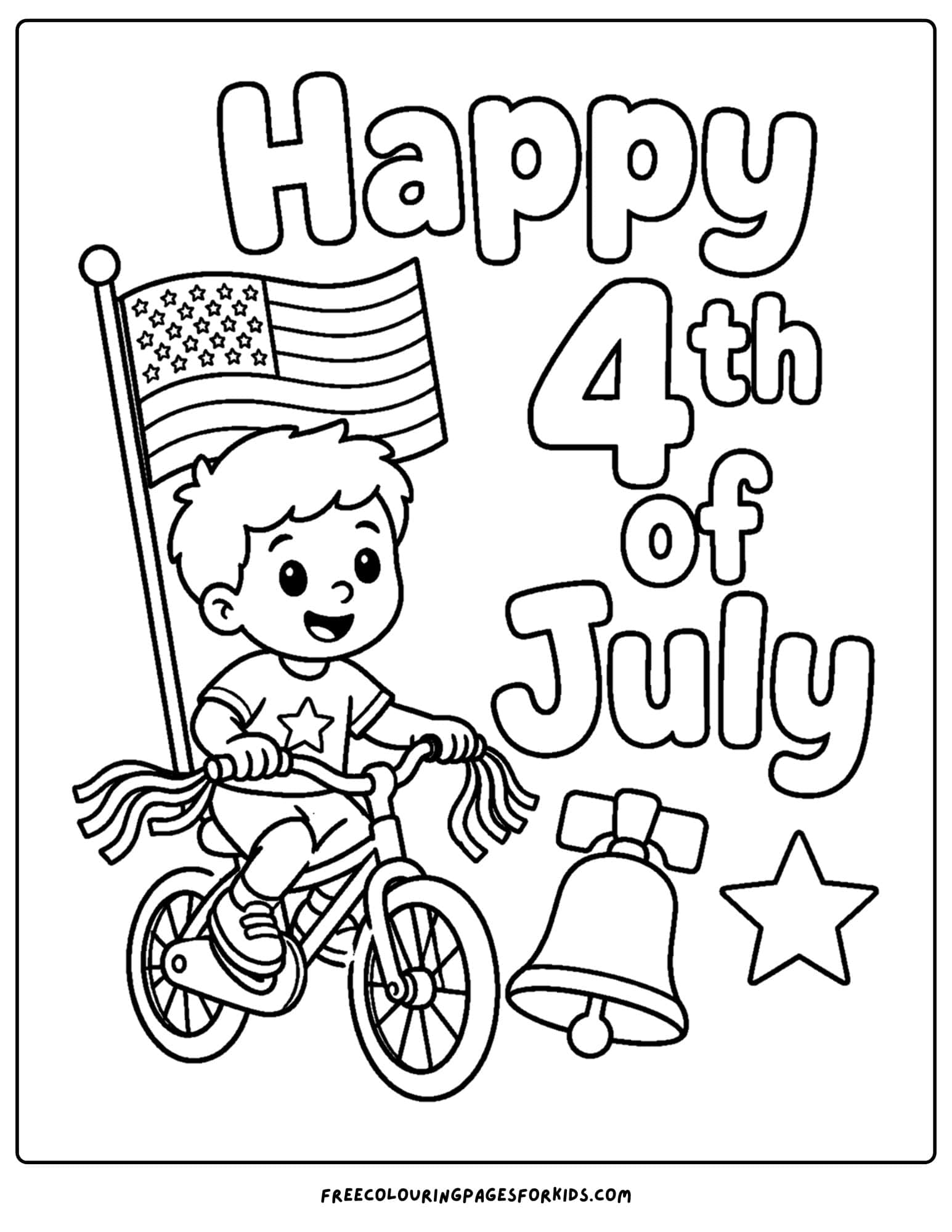a 4th of july coloring page showing a child riding a bike with streamers