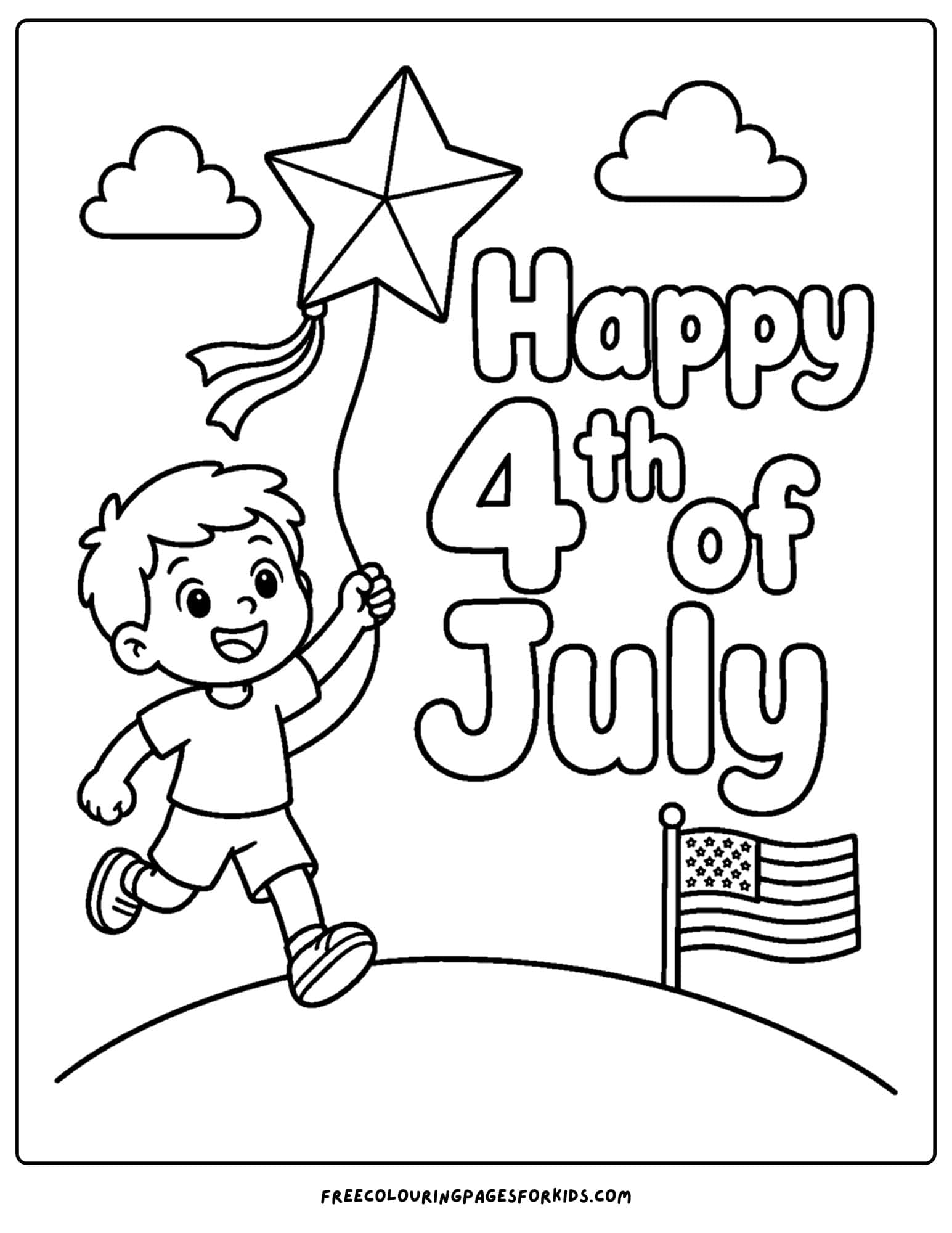 a 4th of july coloring page showing a child flying a kite
