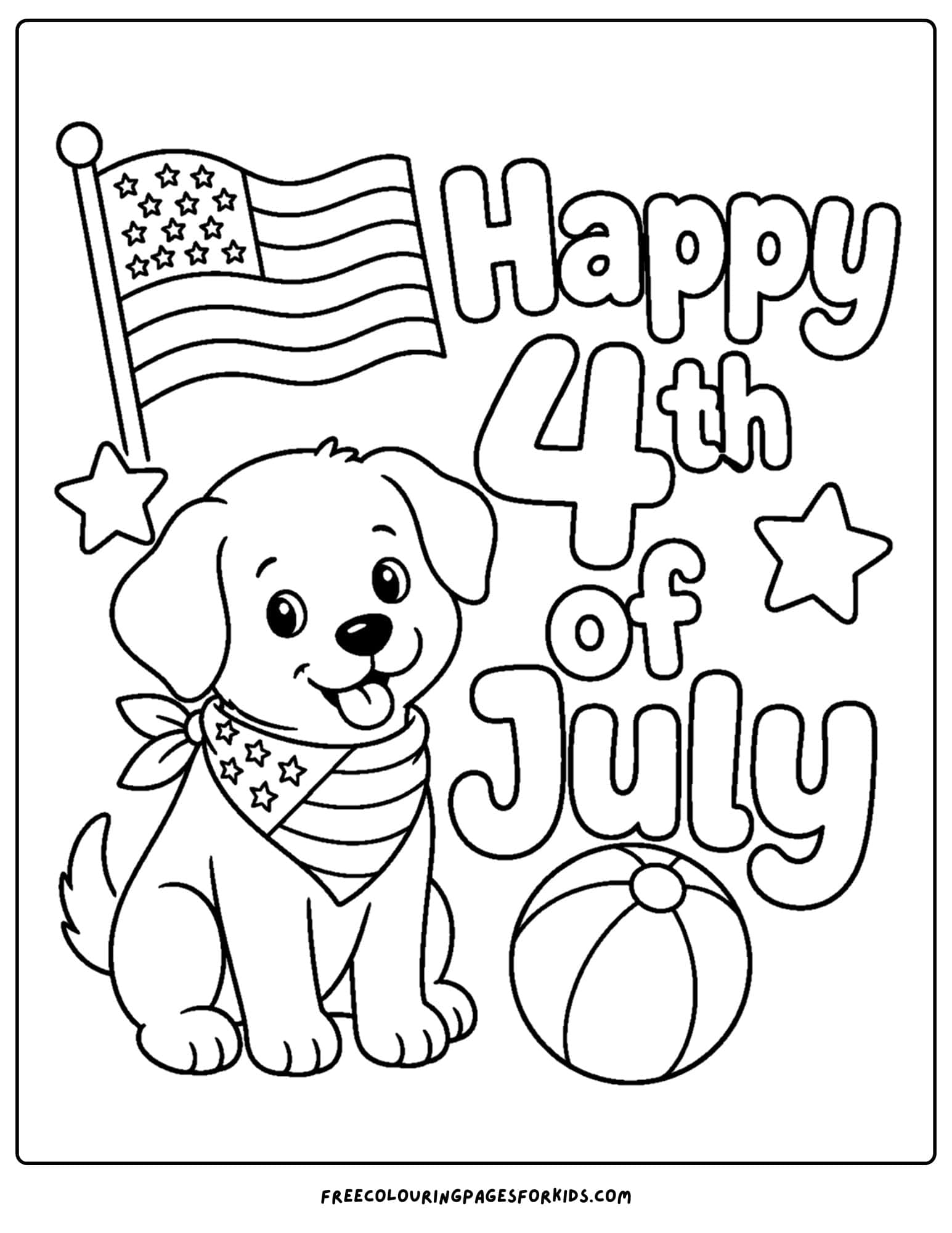 a 4th of july coloring page showing a puppy dressed up in patriotic clothing