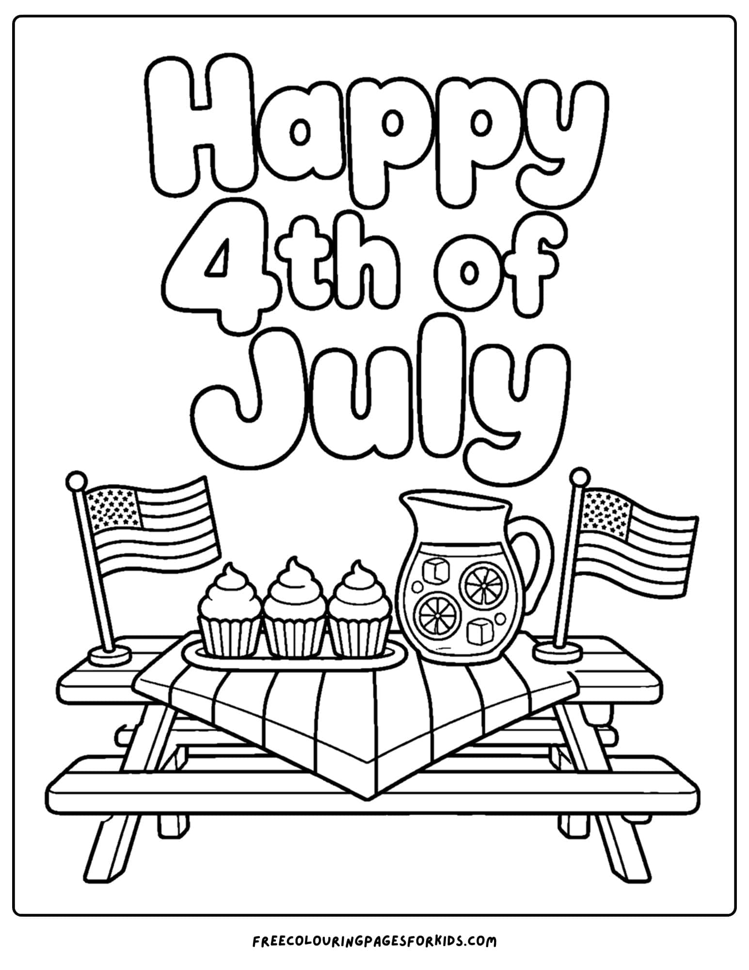 a 4th of july coloring page showing a picnic table setup with food and drinks