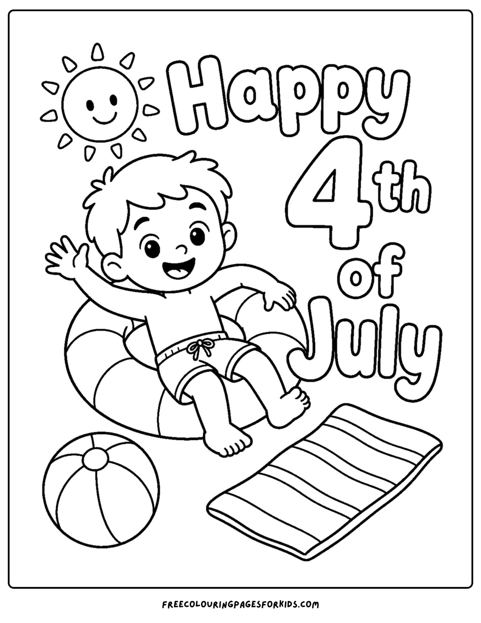 a 4th of july coloring page showing a child in a pool tube