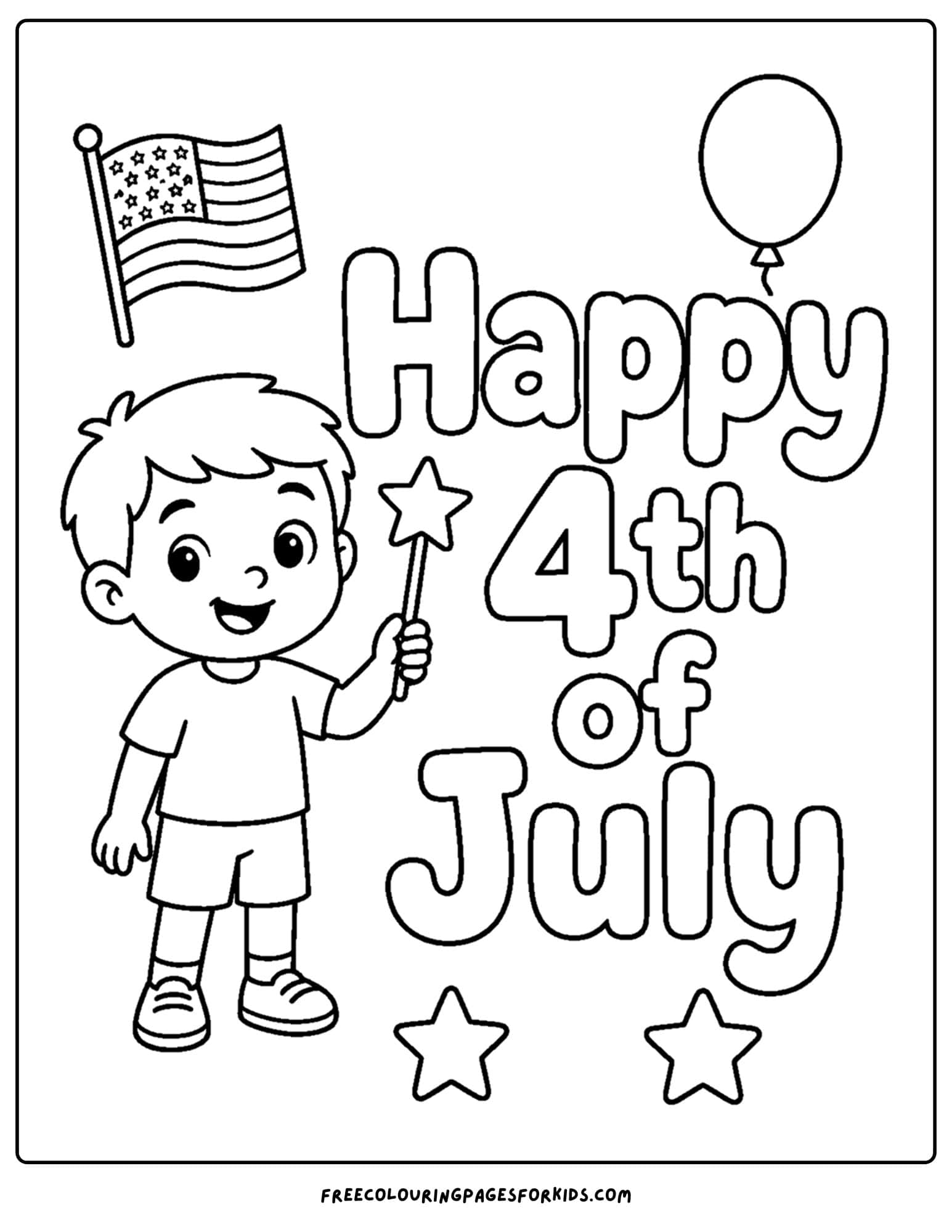 a 4th of july coloring page showing a child waving a star wand